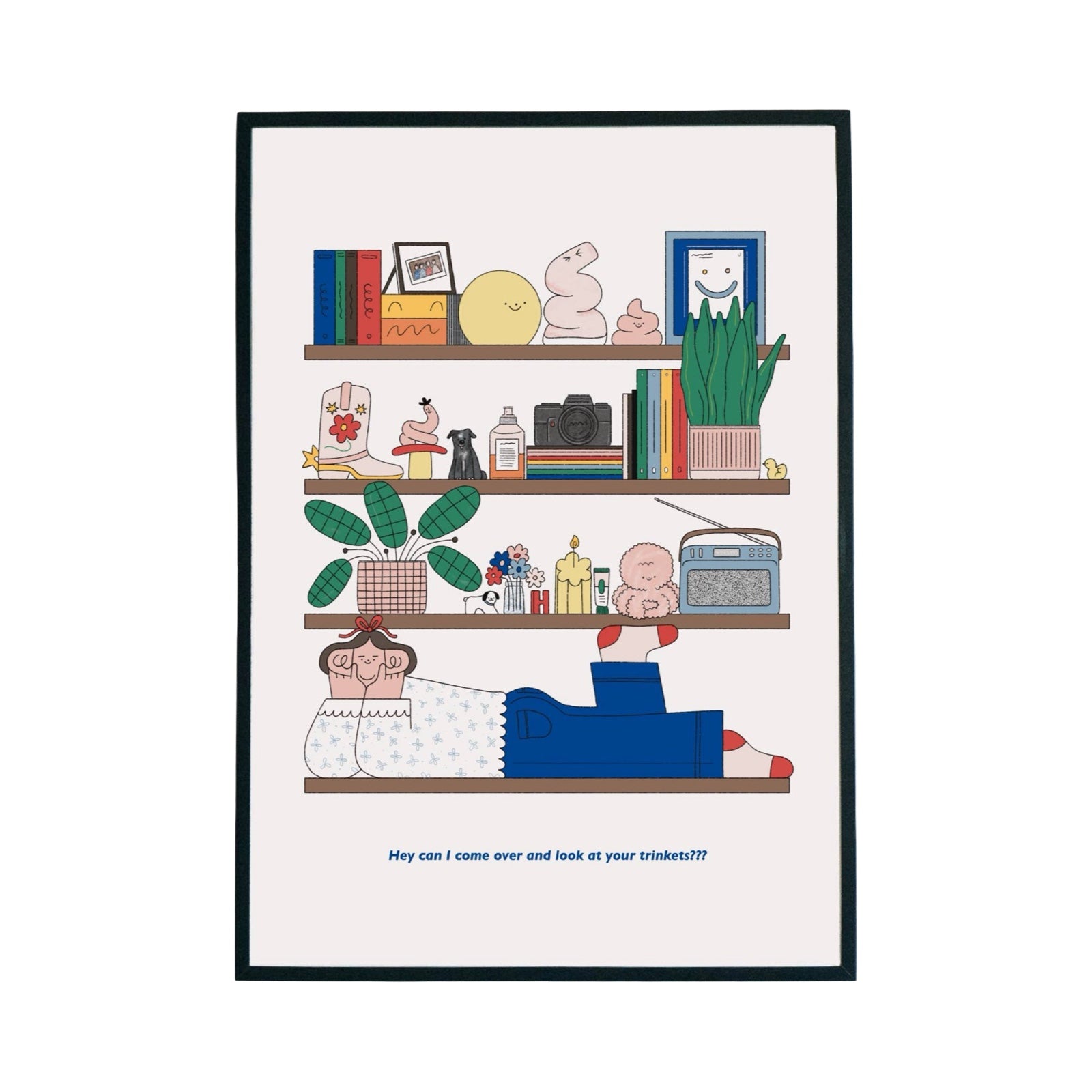 Illustration of a shelf with various items and a person underneath on a white background.