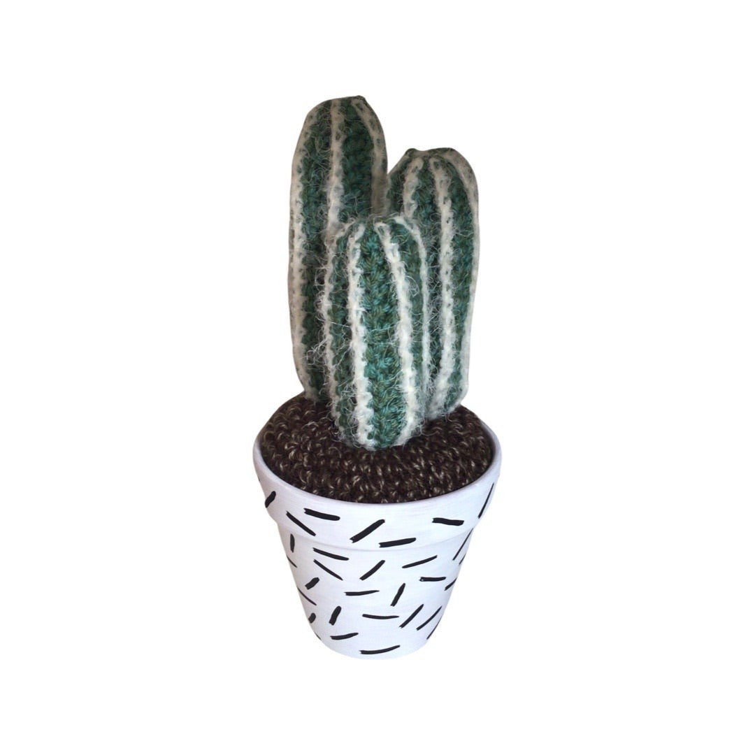 Handmade triple stem large crochet cactus in a white and black speckle painted terracotta pot. 
