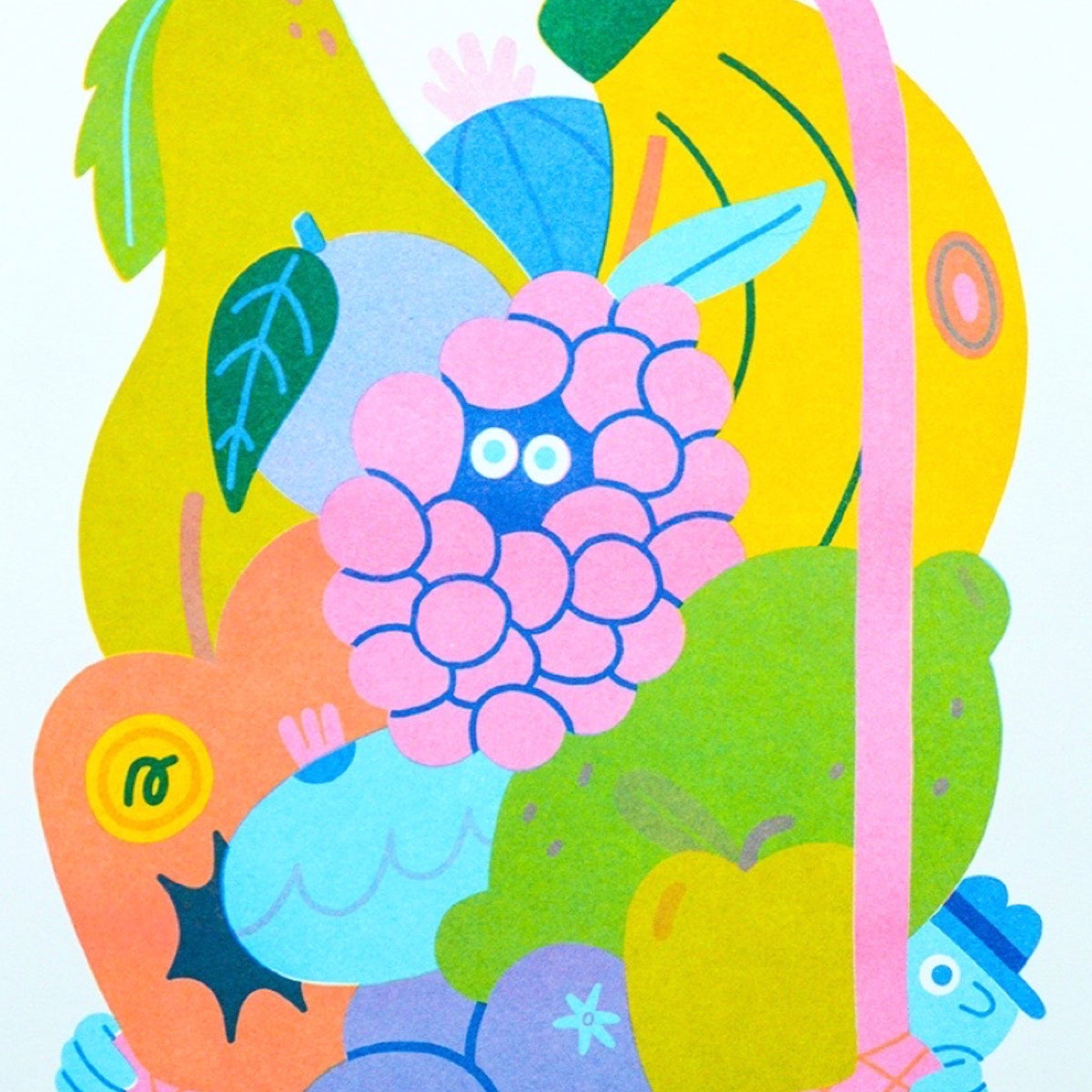 Colourful abstract illustration with layered organic shapes in pink, yellow, green, blue, orange, and purple on a white background.