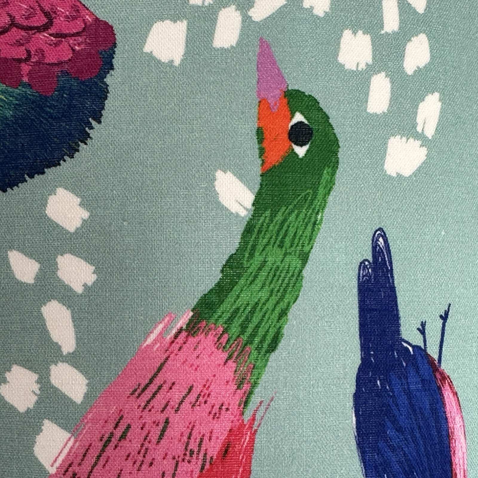 Colorful illustration of a bird with a pink beak on a patterned background.