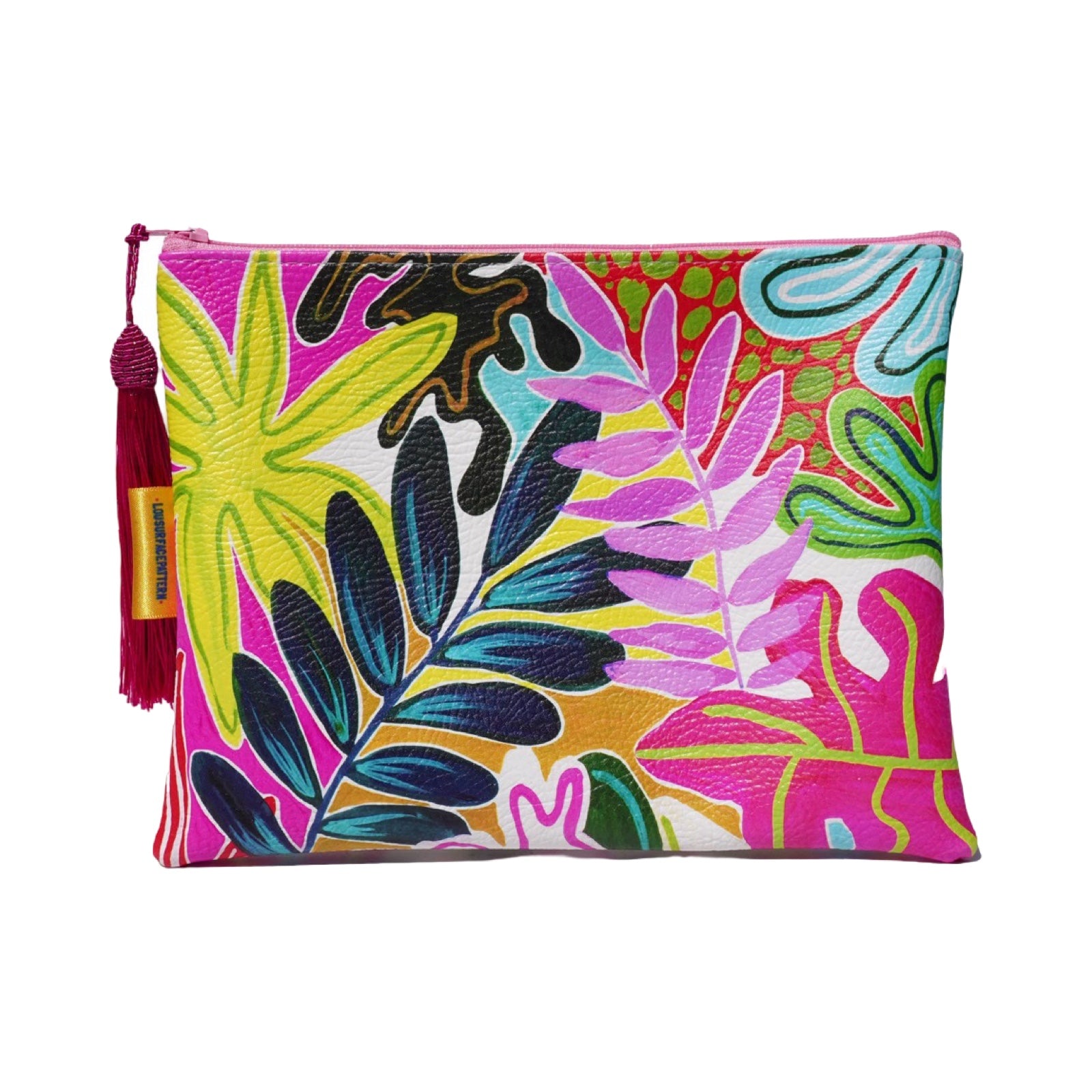 Vegan leather bag with a bright and colourful tropical leaves pattern, and the bag is finished with a fabulous matching tassel on the end of the zip. 
