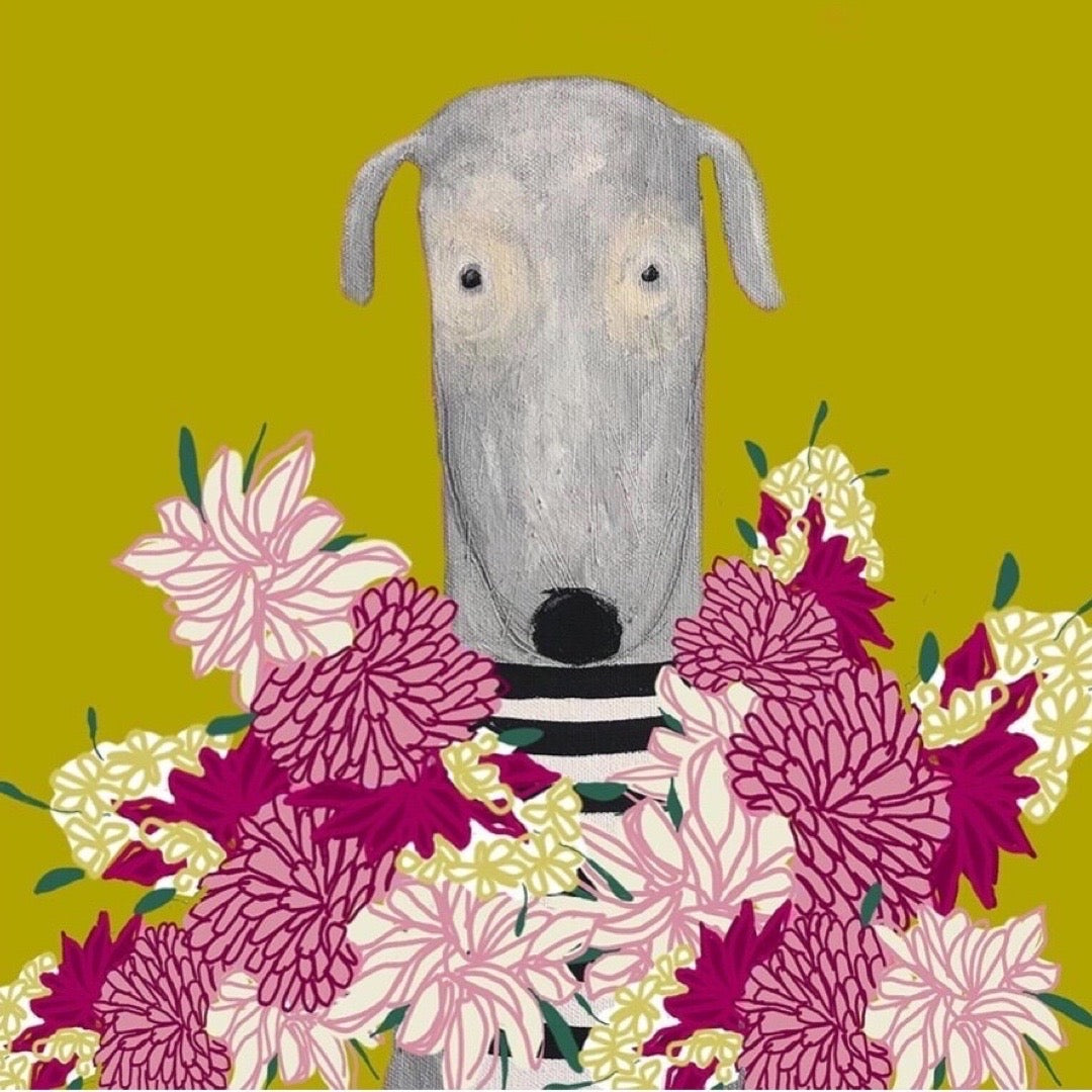 Trumpet the dog carrying a bouquet of flowers on a square greetings card'.