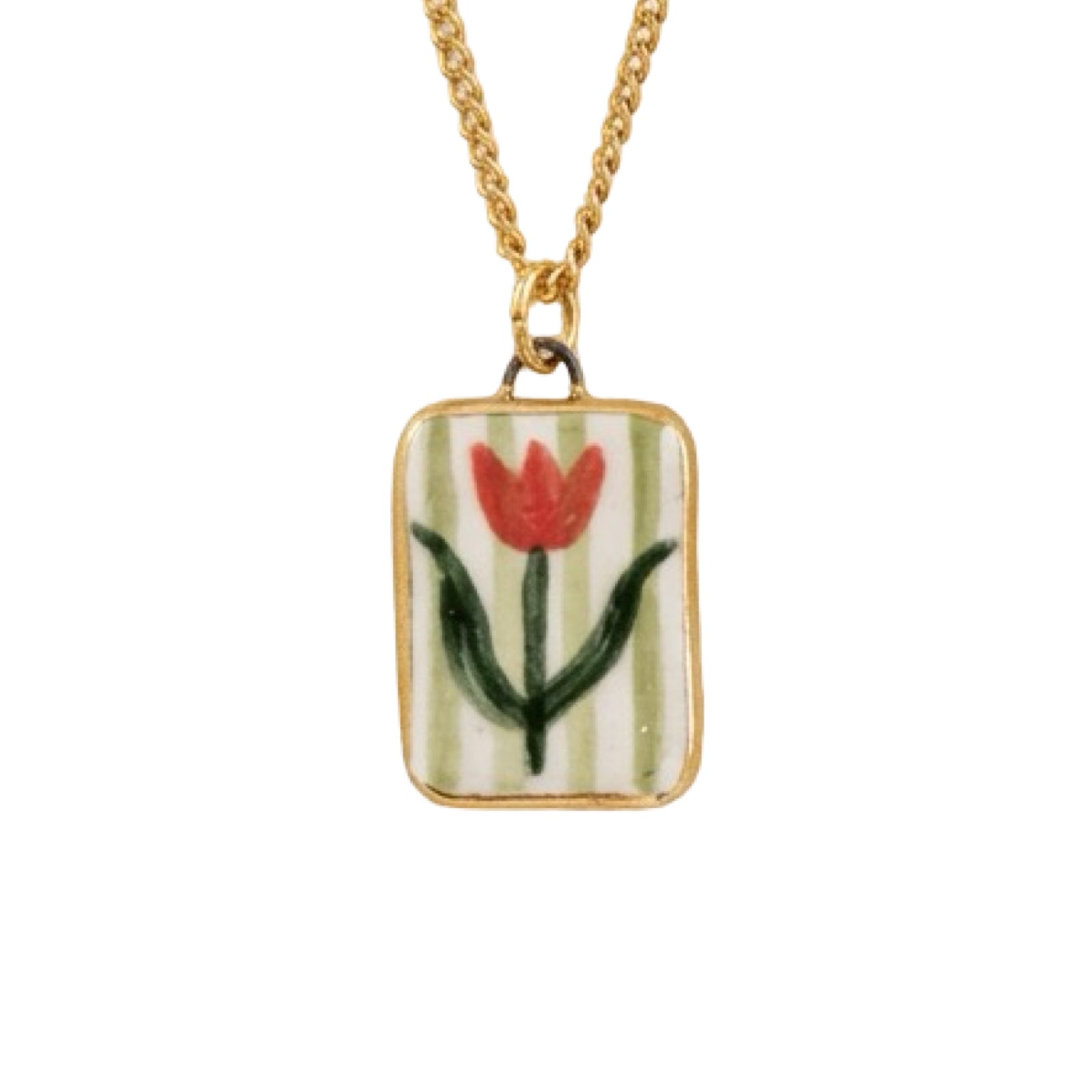 Necklace with a pendant featuring a red tulip and green stripes on a white background.