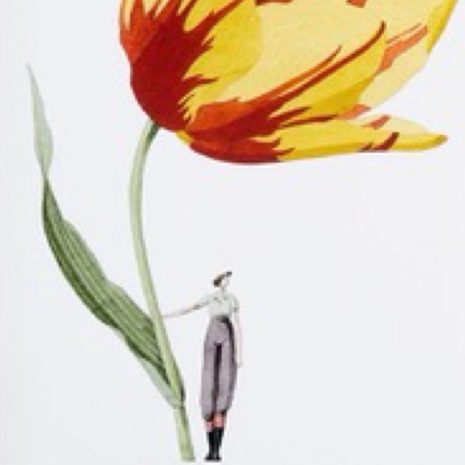 Illustration of a person standing underneath a large red and yellow flower on a white background.