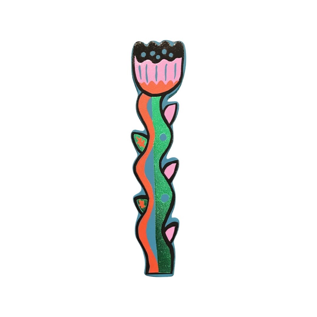 A tulip shaped leather bookmark with a black outline, a black, pink and red flower and a red, green and turquoise stem.