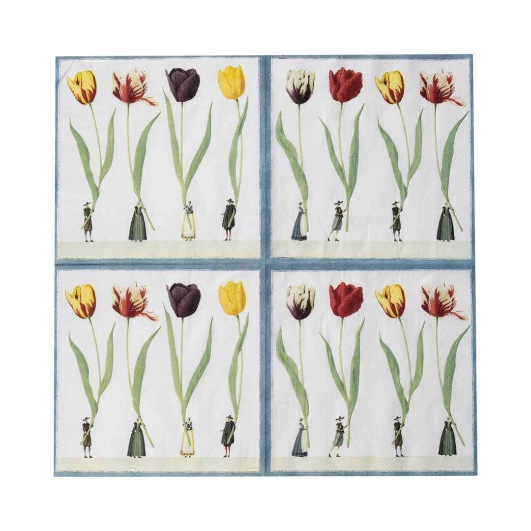 A pack of paper napkins featuring men and women holding giant tulips.