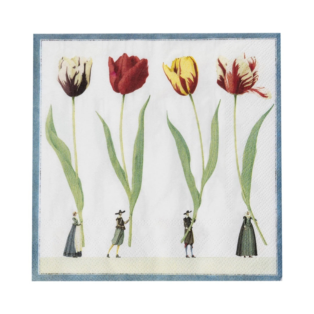 A pack of paper napkins featuring men and women holding giant tulips.