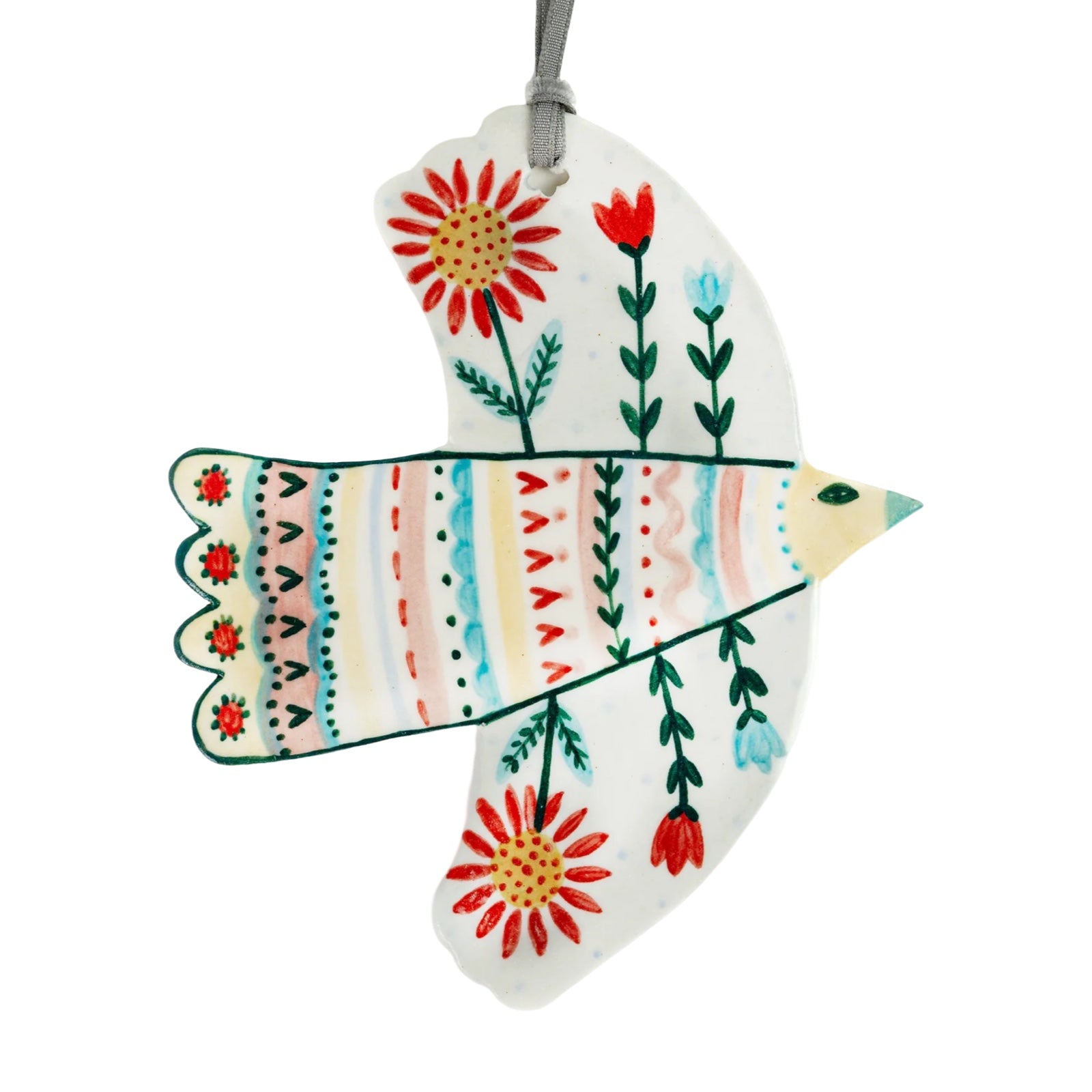 Tulips and Daisy Porcelain Folk Hanging Bird