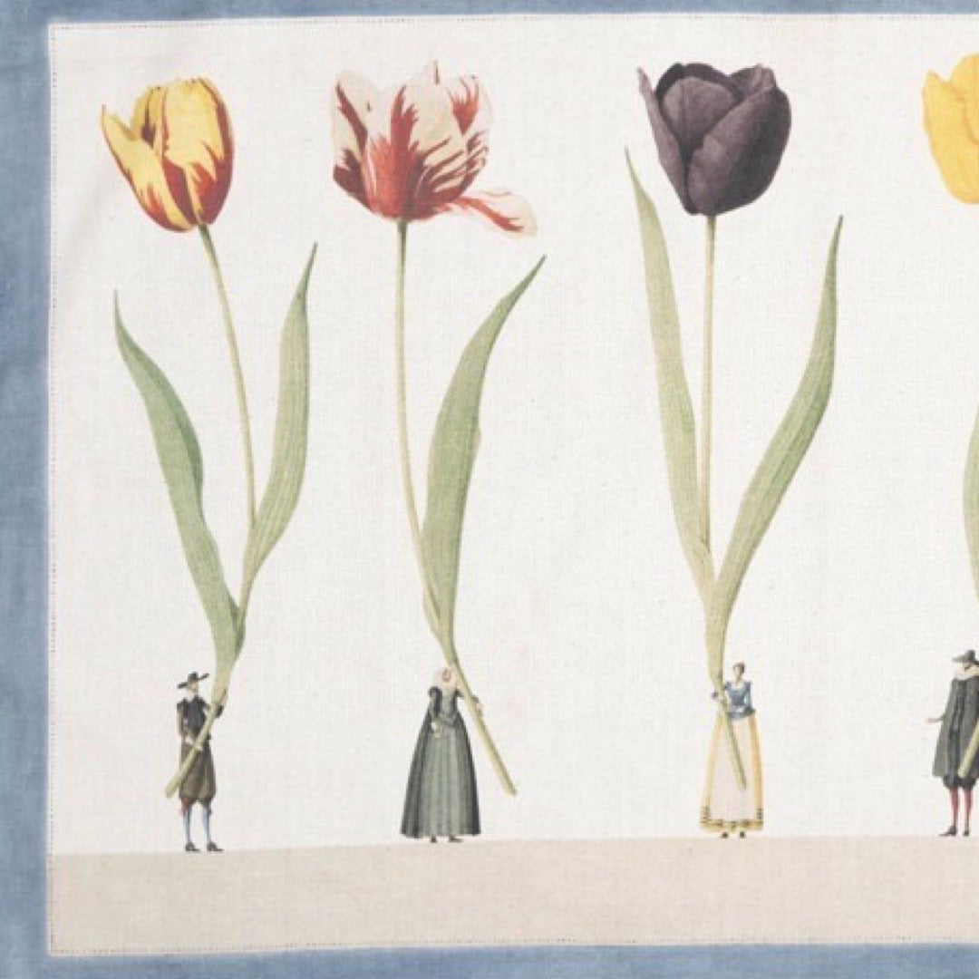 Illustration of people holding large tulips on a white background.