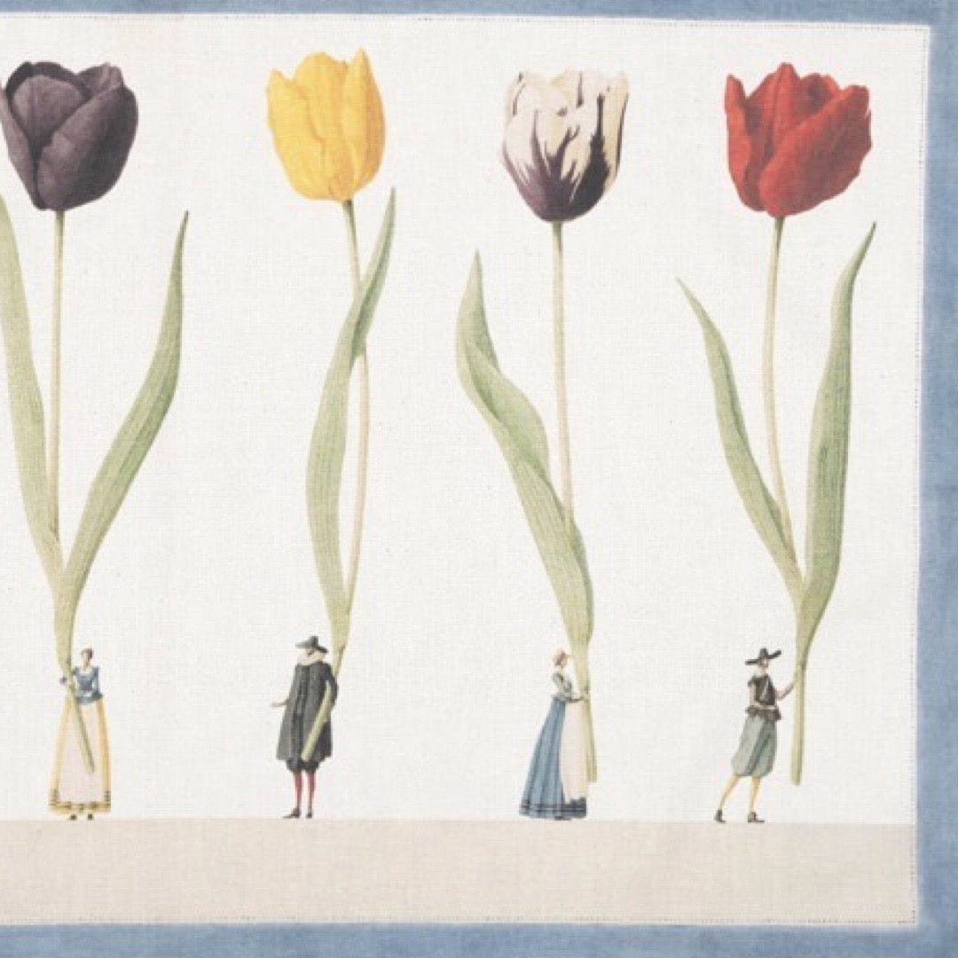 Illustration of people standing among tulips in various colors on a white background.