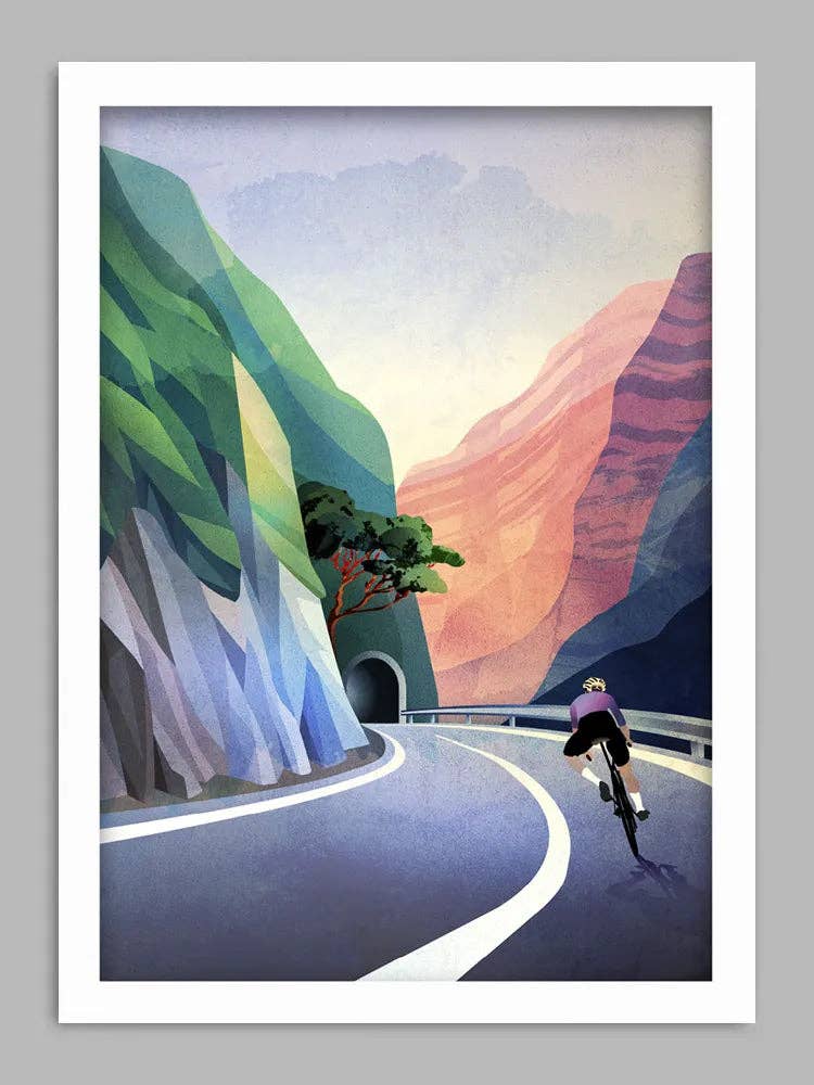 Artistic depiction of a cyclist on a winding mountain road with colourful mountains in the background.