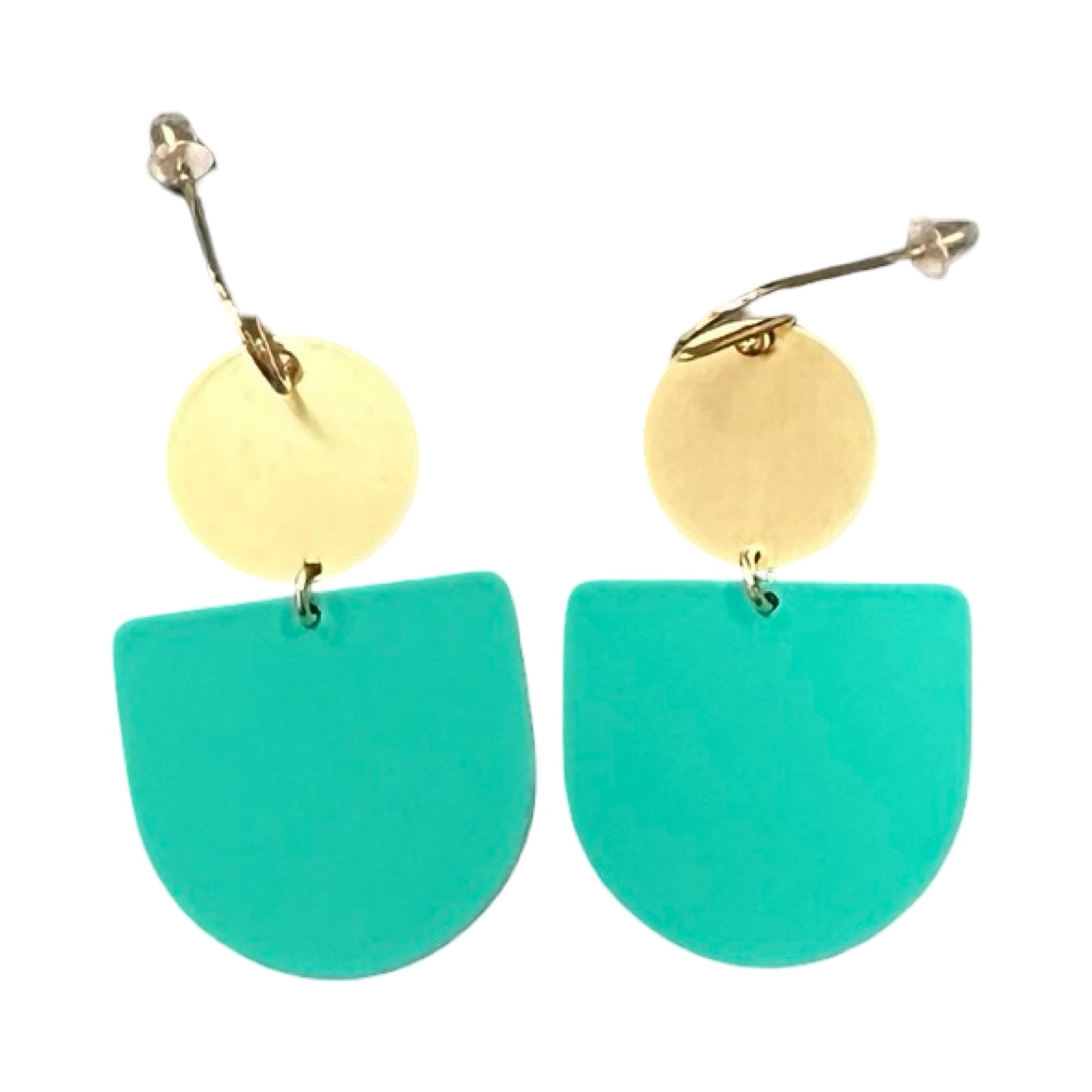 Pair of earrings with gold and turquoise half-circle design on a white background.