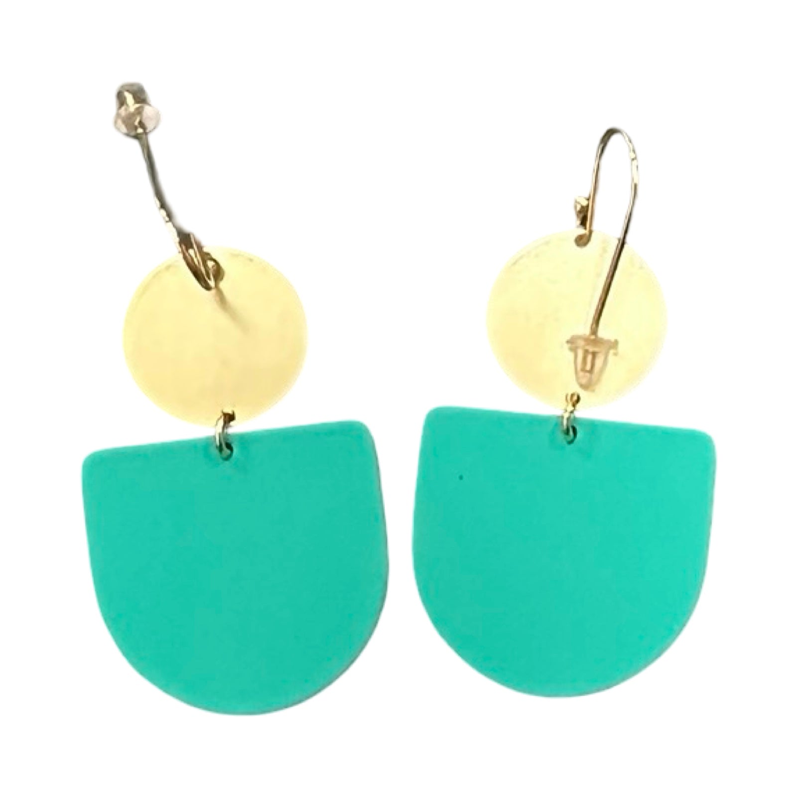 Pair of earrings with yellow round top and green on a white background.