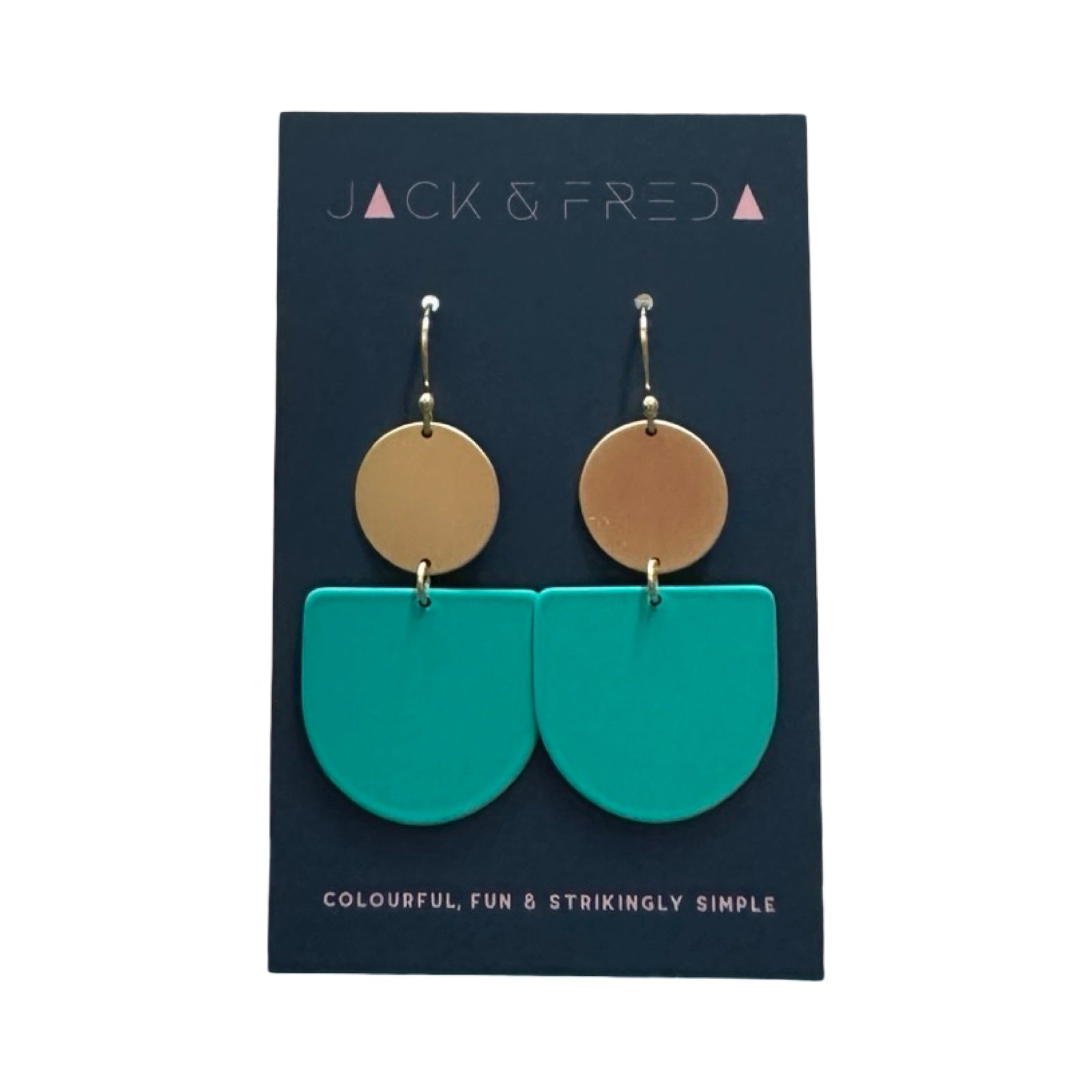 Pair of earrings on a Jack & Fred card with gold and teal colors.
