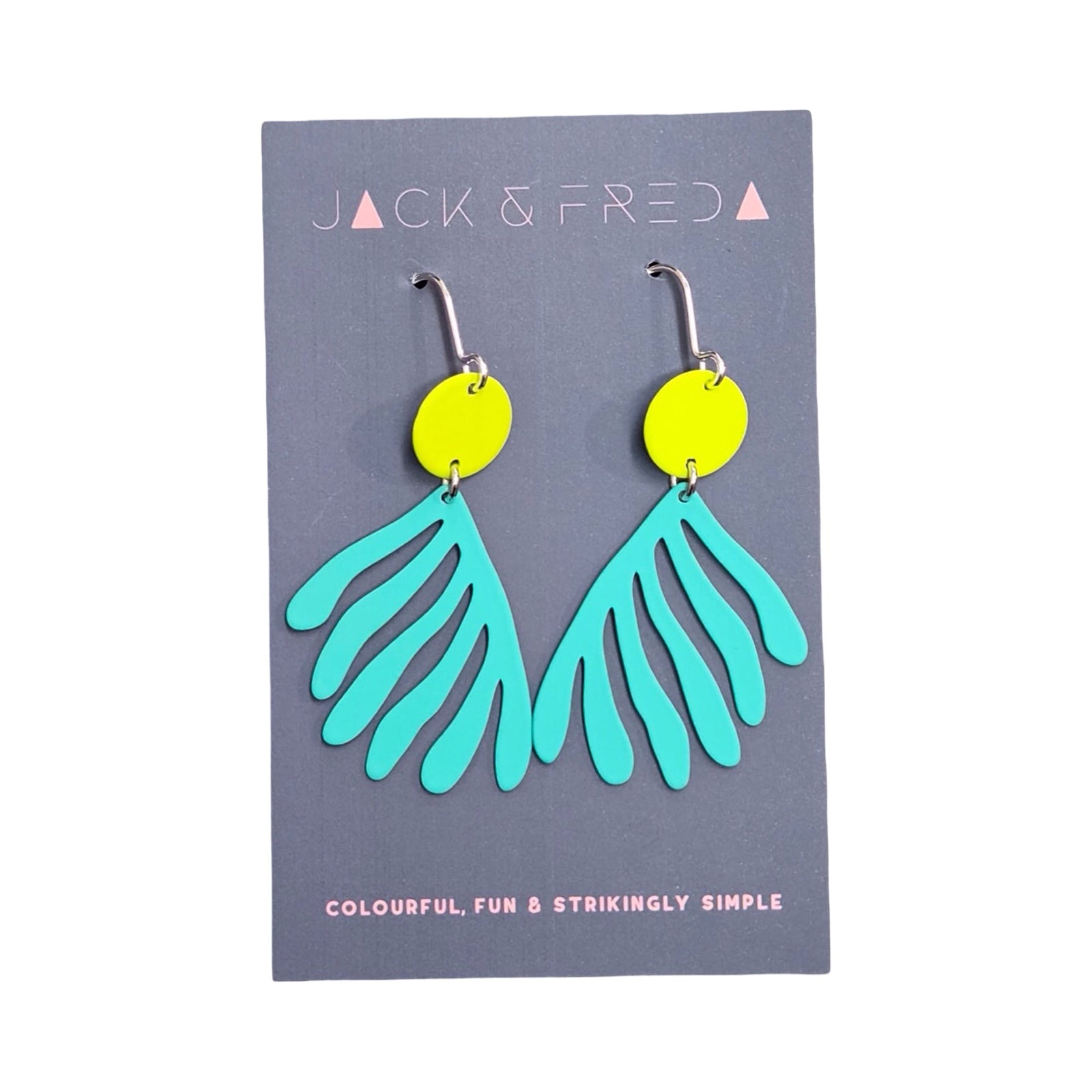 Pair of earrings on a Jack & Fred branded card with a blue background.