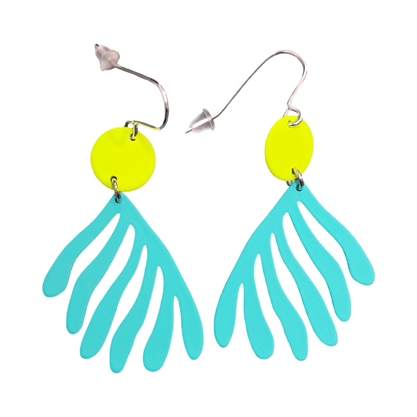 Pair of earrings with yellow circular top and turquoise leaf-like bottom on a white background.