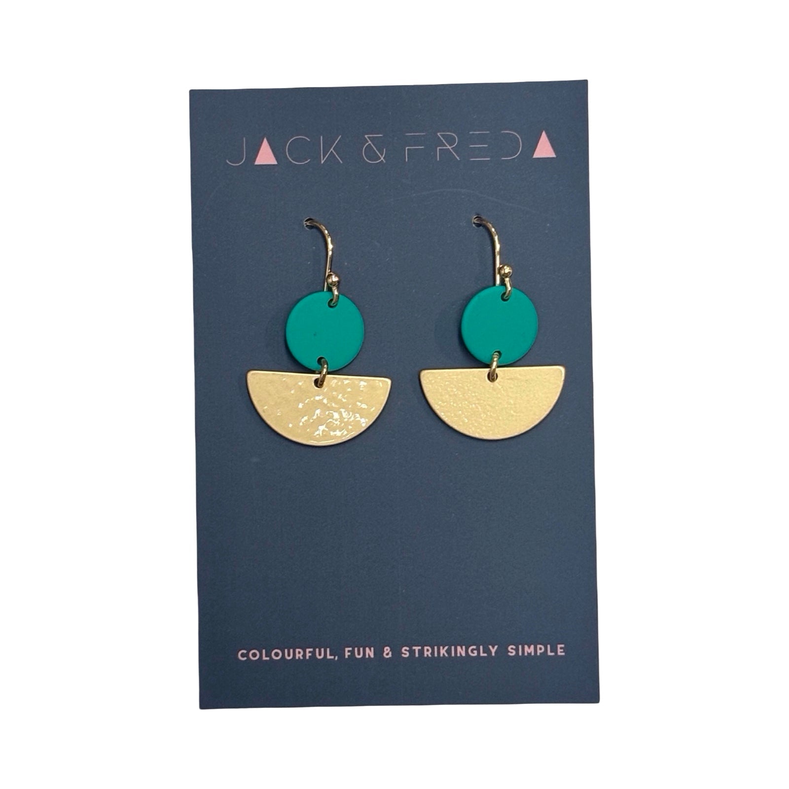 Pair of earrings on a Jack & Fred card with teal and gold colors.