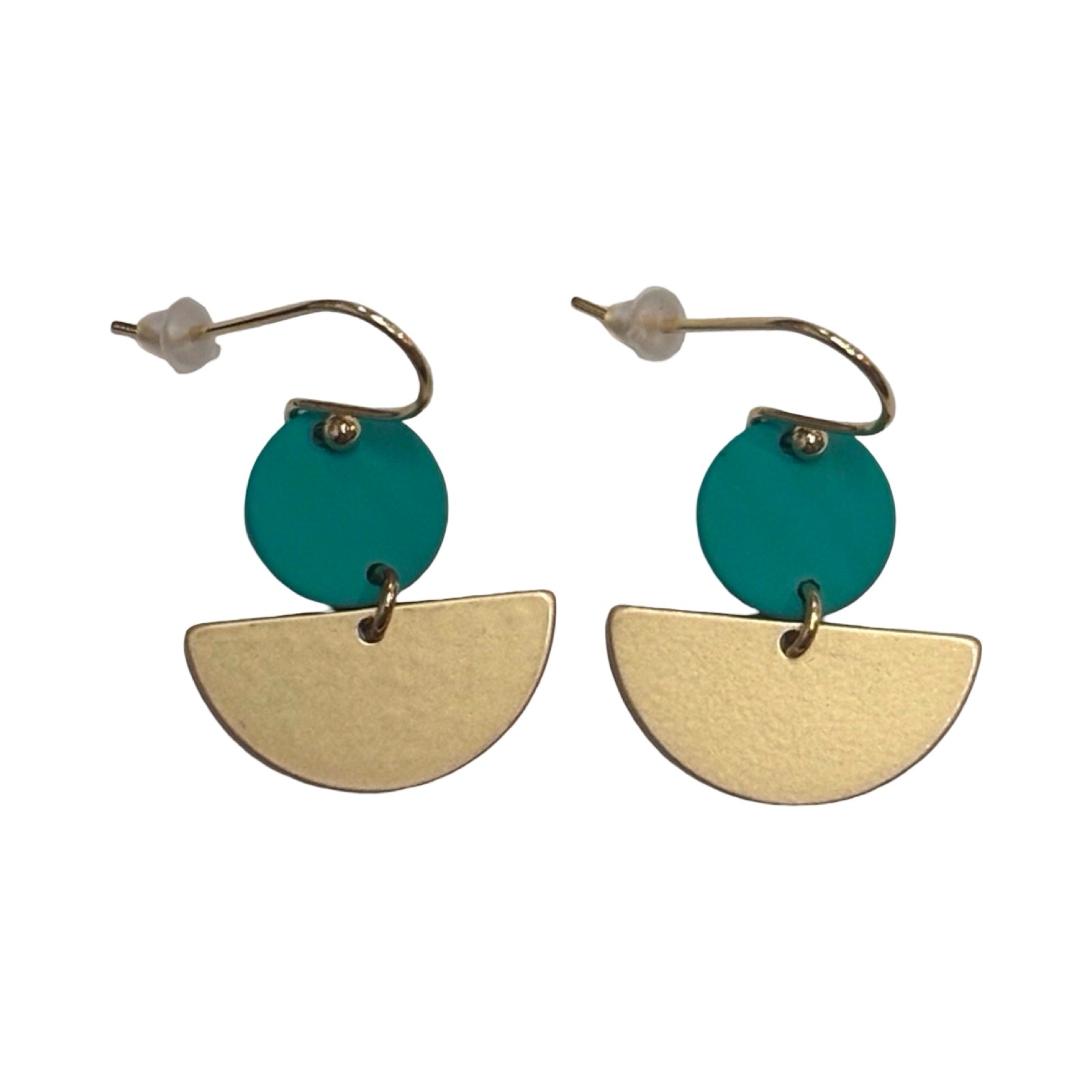 Pair of earrings with teal and gold half-circle designs on a white background.