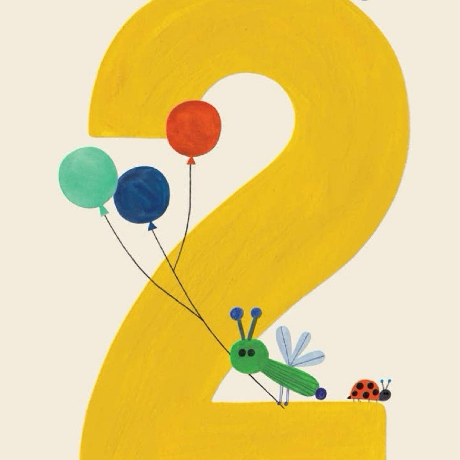 A gorgeous number 2 age card featuring a yellow 2 with cute insects and balloons.