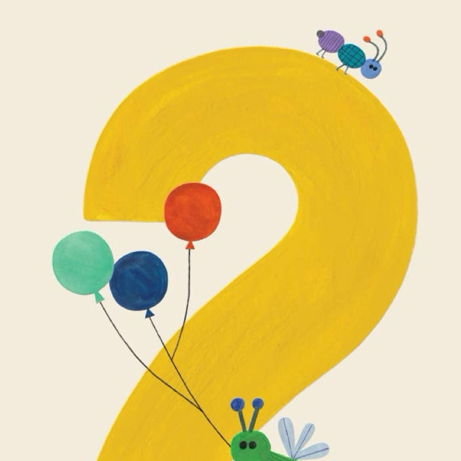 Illustration of the number '2' with colorful balloons and caterpillar on a beige background.