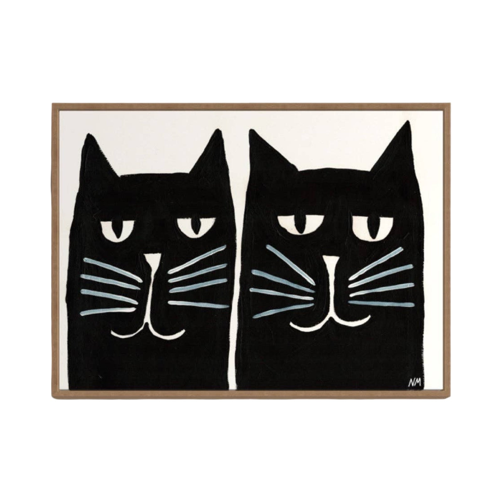Framed artwork of two black cats with white faces on a beige background.