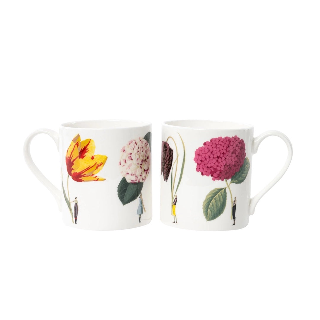 2 fine bone china mugs decorated with four illustrations of men and ladies holding giant flowers.