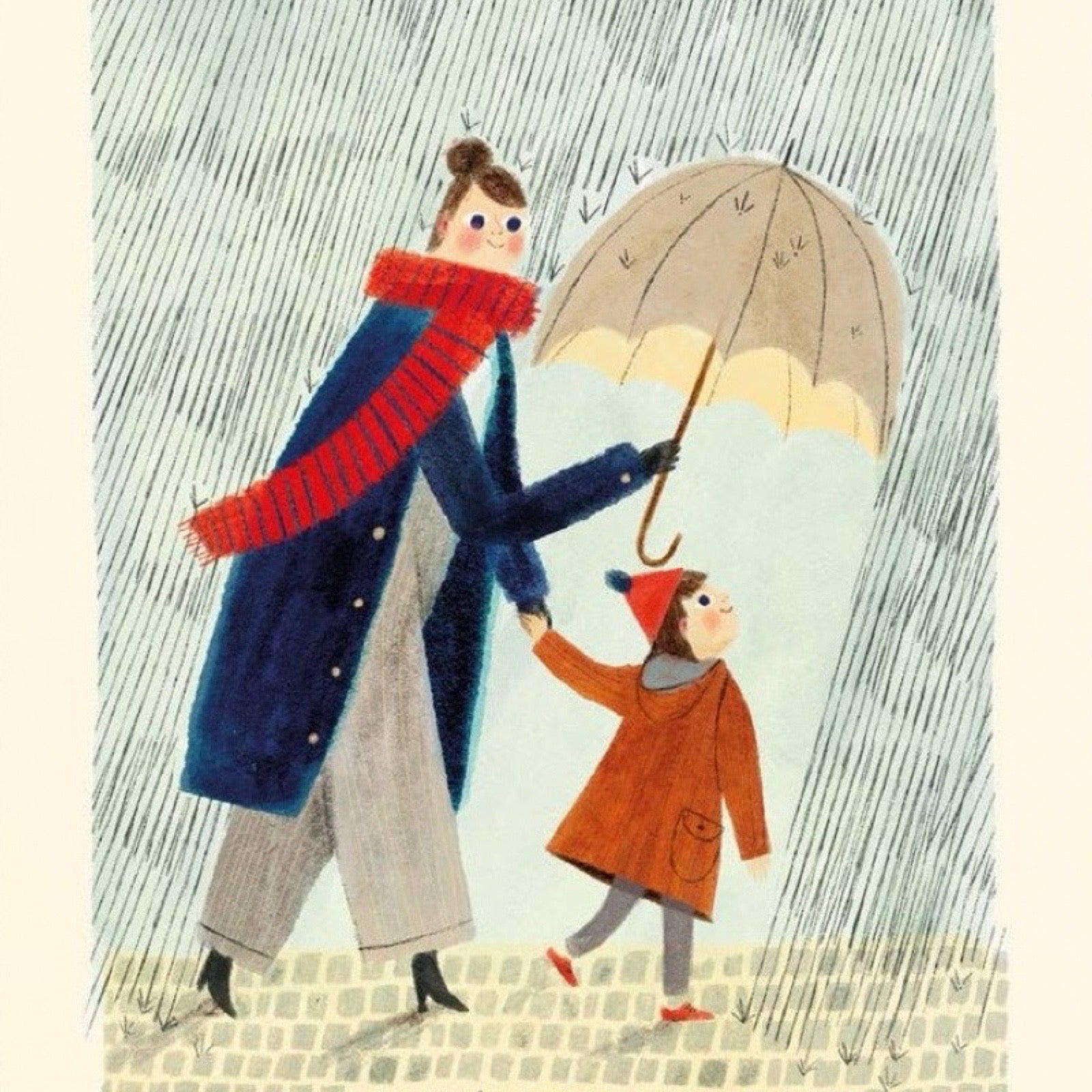 A whimsical illustration of an adult and a child walking in the rain under a beige umbrella. The adult wears a long navy coat and a bright red scarf, while the child wears an orange-brown coat and a red hat.