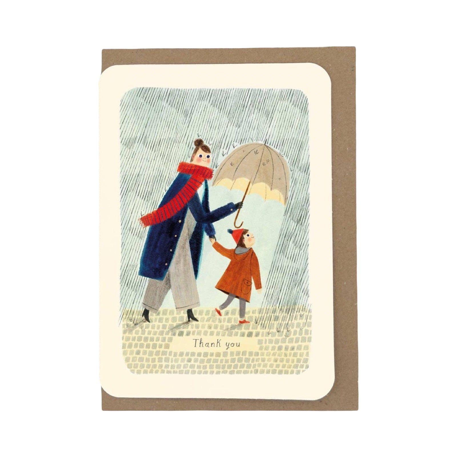 A greeting card with rounded corners, featuring a whimsical illustration of an adult in a blue coat and red scarf holding an umbrella for a child in an orange coat, set against a brown envelope on a white background.