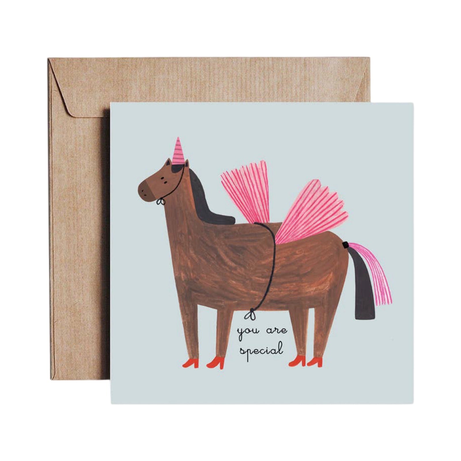 Square card featuring a brown horse dressed as a unicorn with pink wings, a pink tail and a pink party hat and the text 'you are special'.