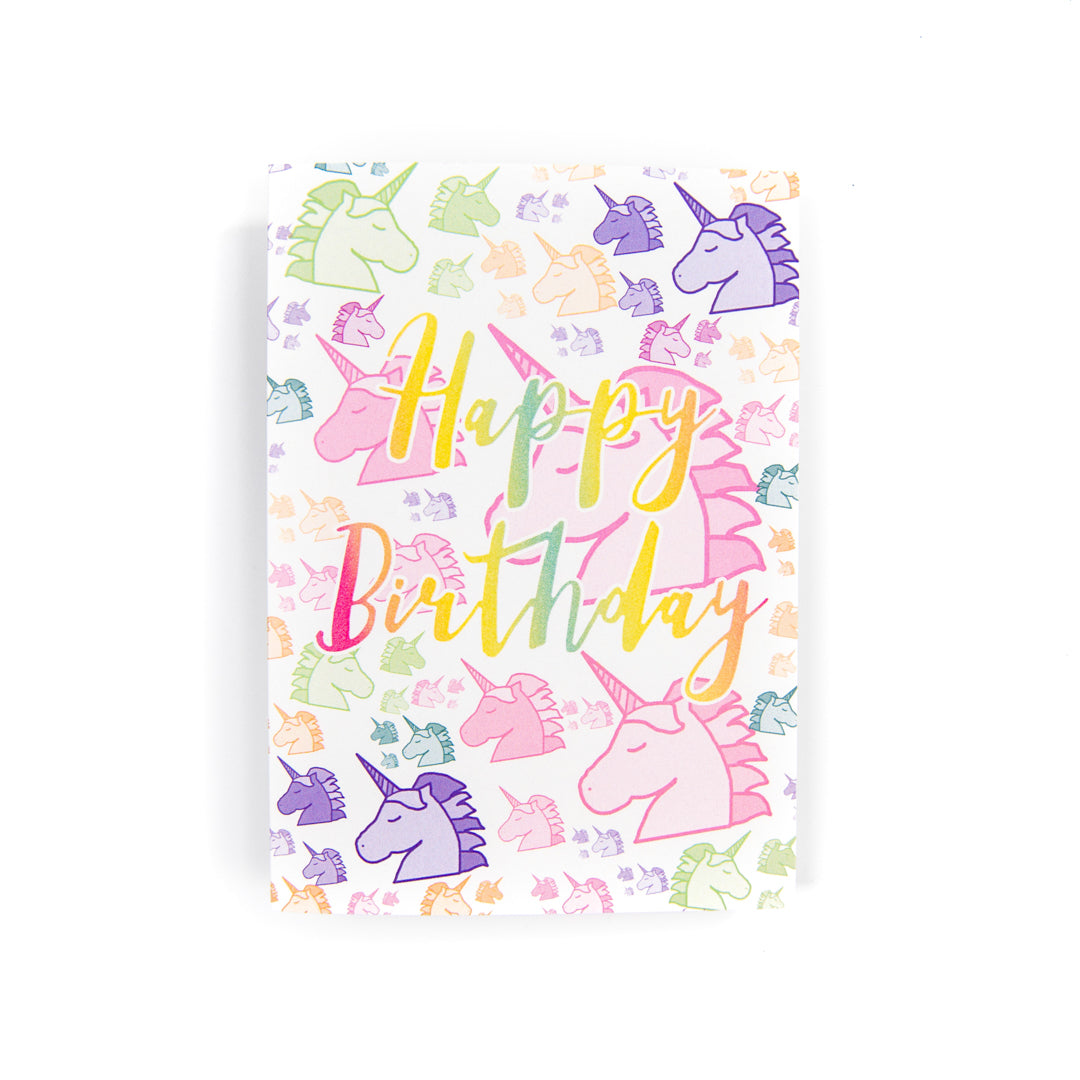 Greeting card with colorful unicorn illustrations and 'Happy Birthday' text on a white background
