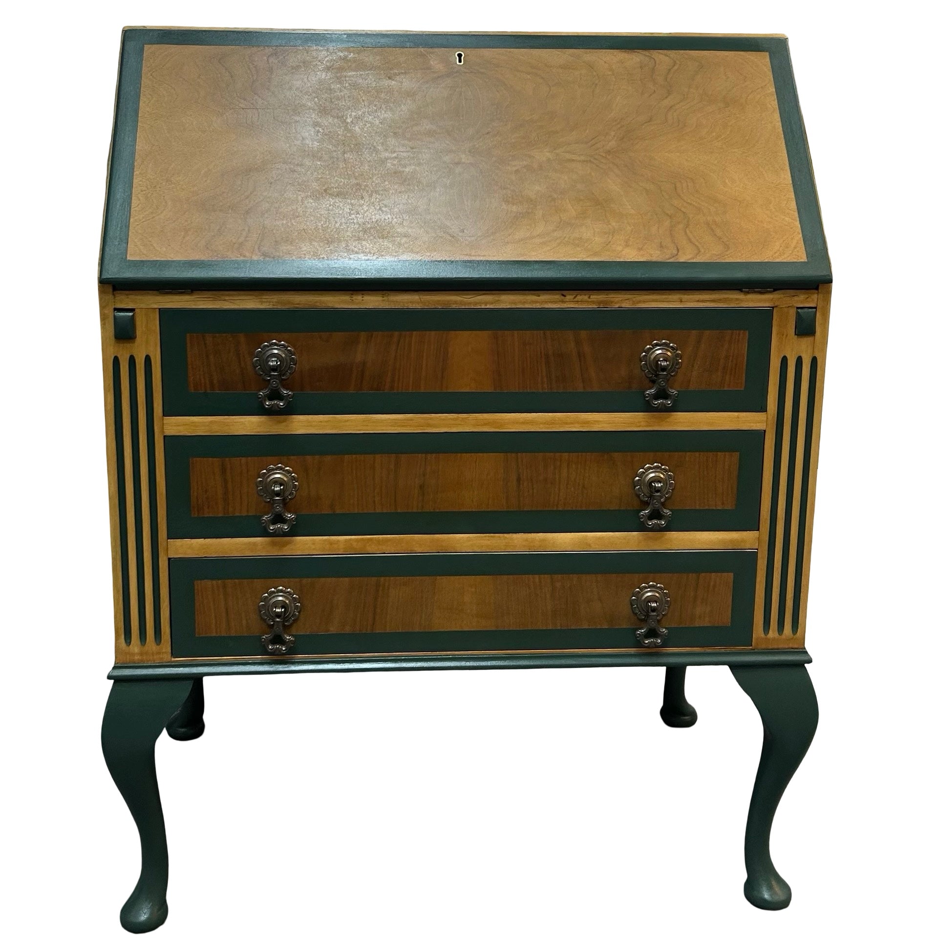 Upcycled Oak veneer 1930s bureau with dark green painted detail.