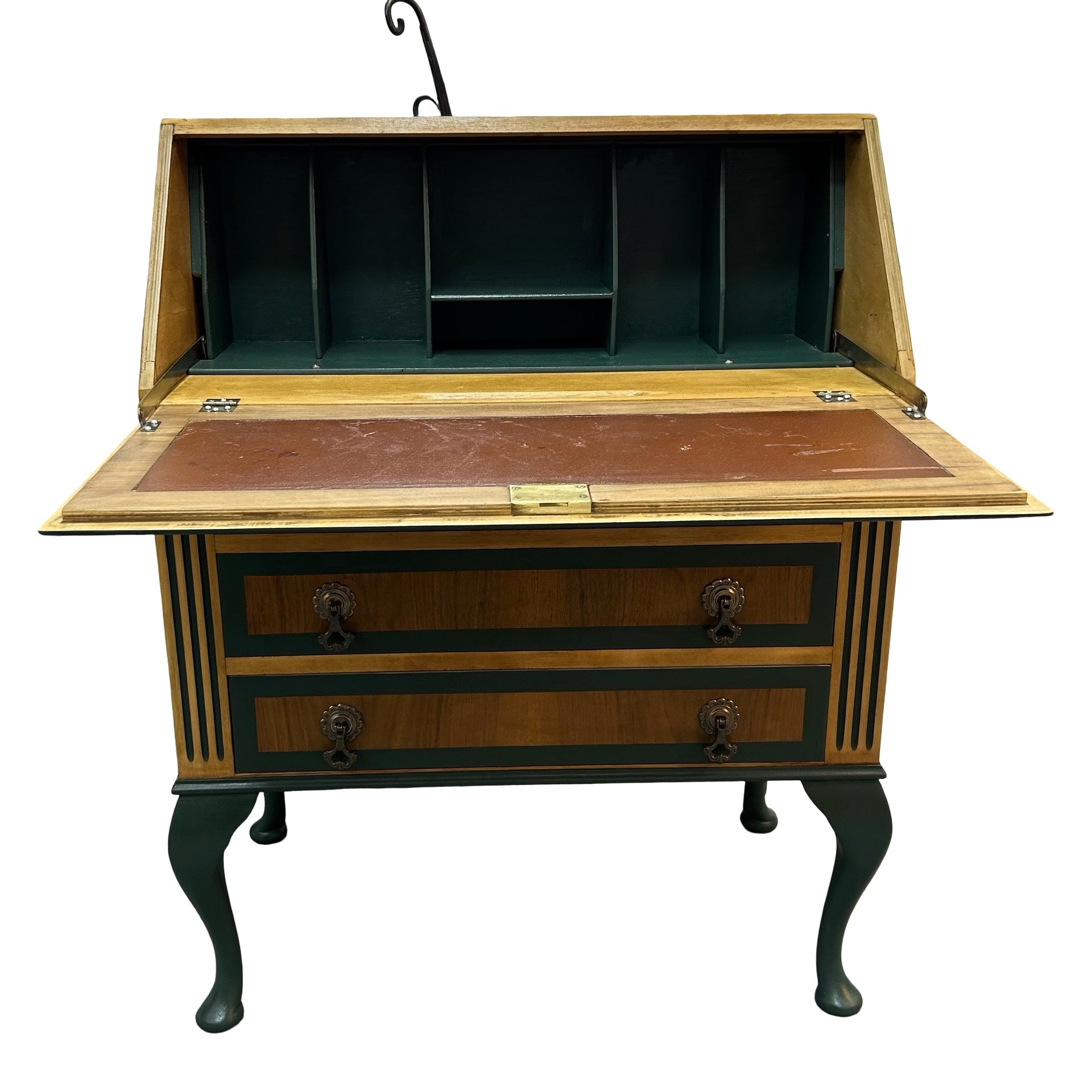 Upcycled Oak veneer 1930s bureau with dark green painted detail.