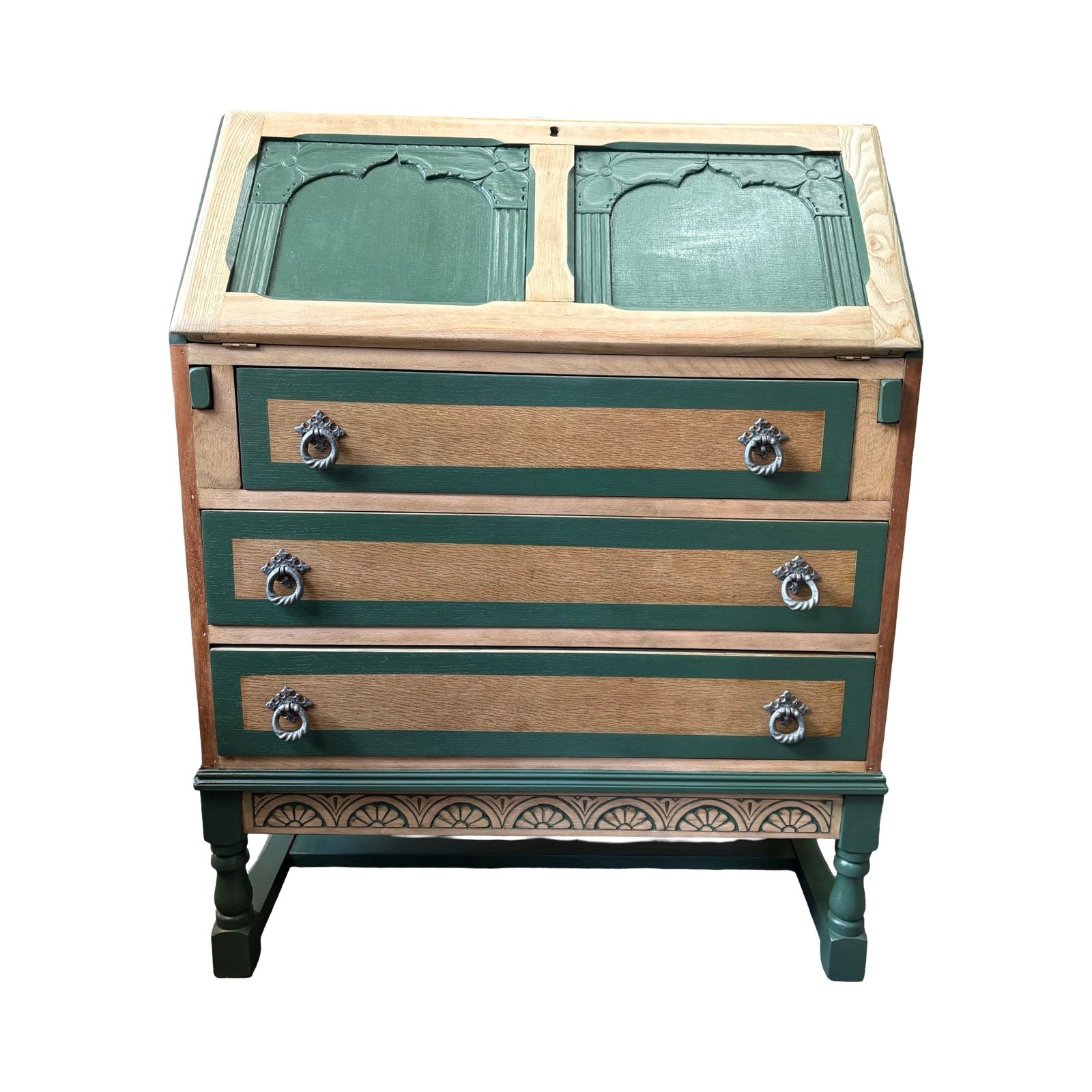 Wooden dresser with green and natural wood finish on a white background.