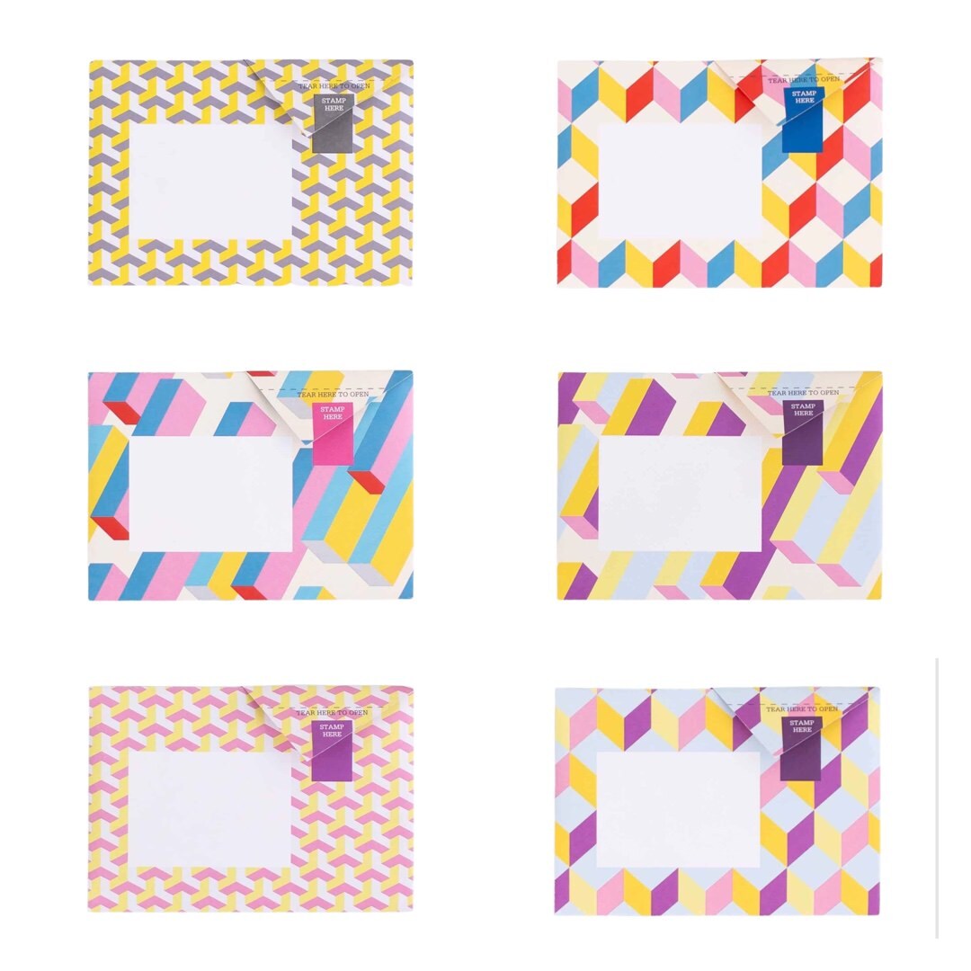 The urban pigeon pack contains 6 sheets of illustrated paper, each sheet features a different bold geometric design. 