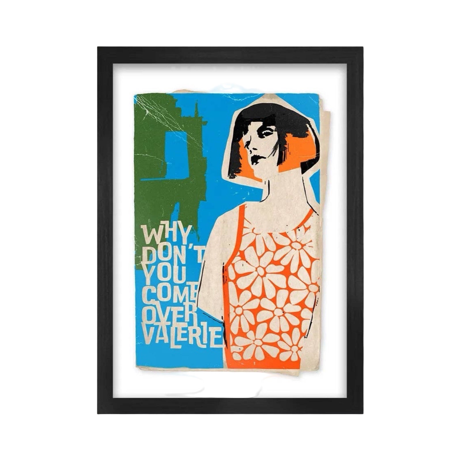 Framed art print with a colourful design of a woman and text on a white background.