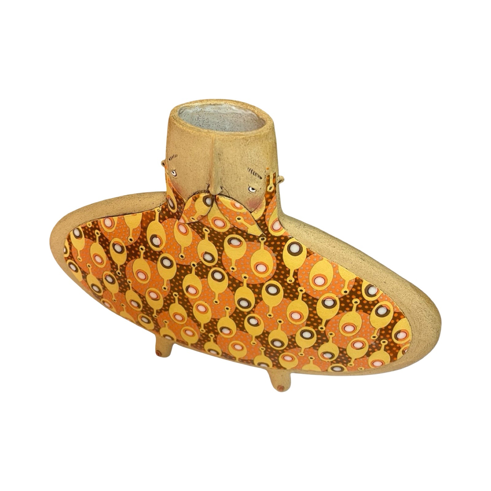 This moustache-faced oval vase with moobs is handmade, orange vase above.