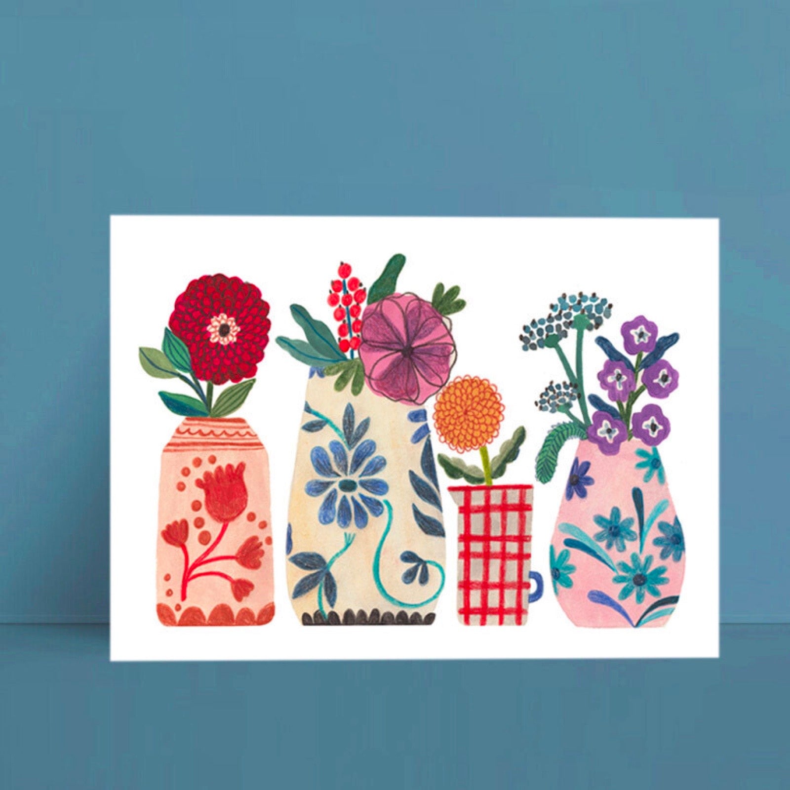 Illustration of colourful vases with flowers on a white background.