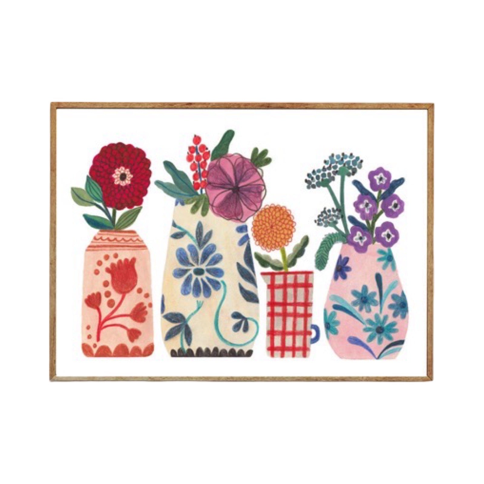 This art print features a row of 4 pretty bunches of flowers in vases against a white background.