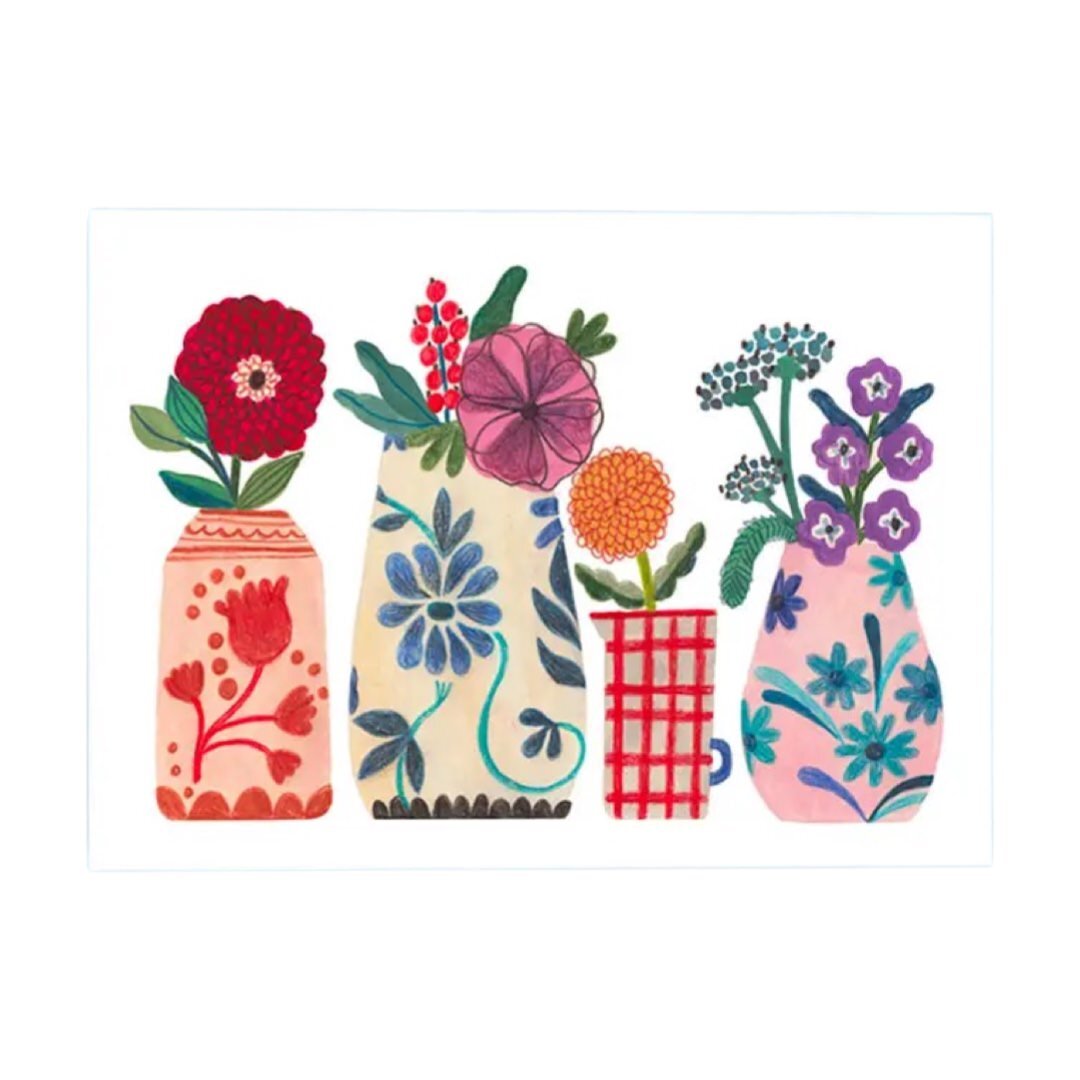 This art print features a row of 4 pretty bunches of flowers in vases against a white background.
