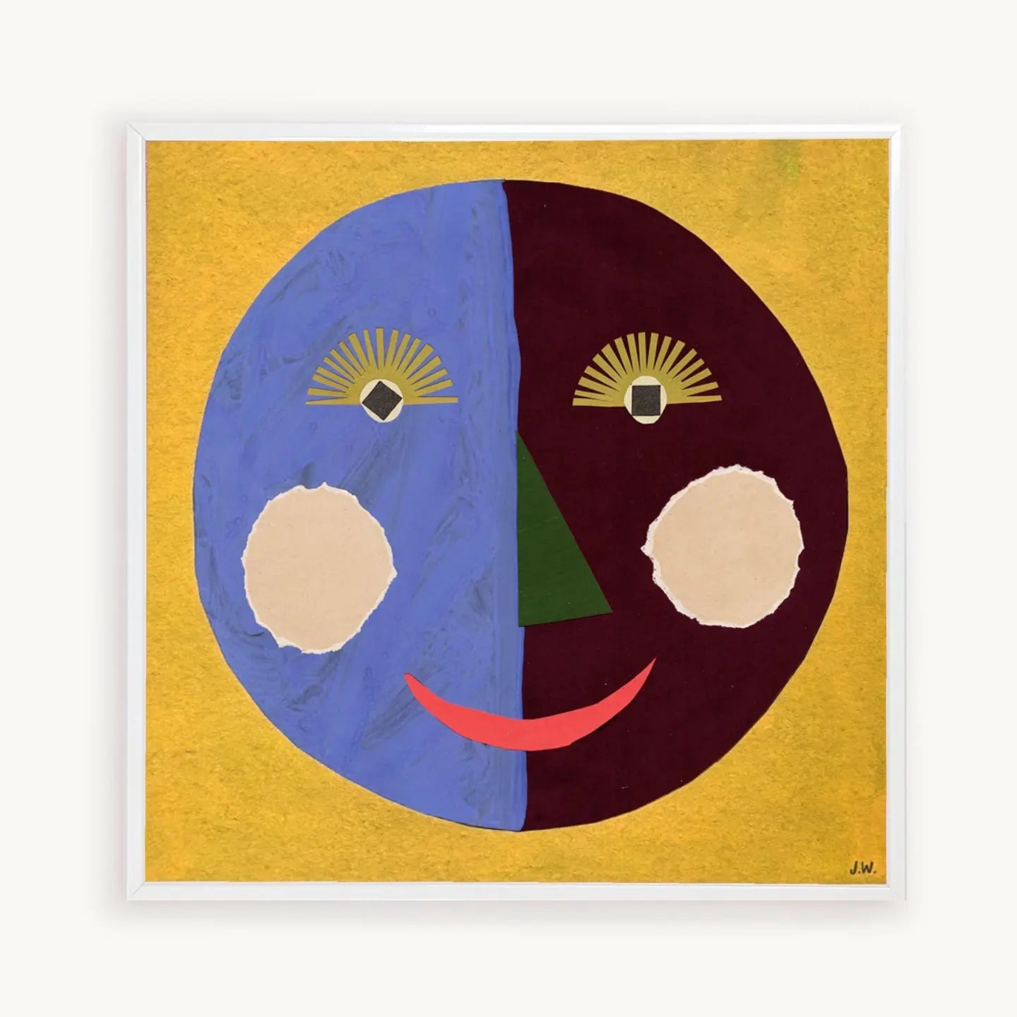 Abstract face artwork with blue and brown halves on a yellow background.