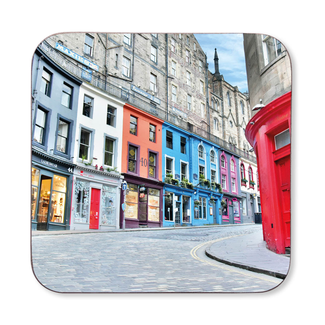 An image of Victoria Street Edinburgh on a wooden coaster. 