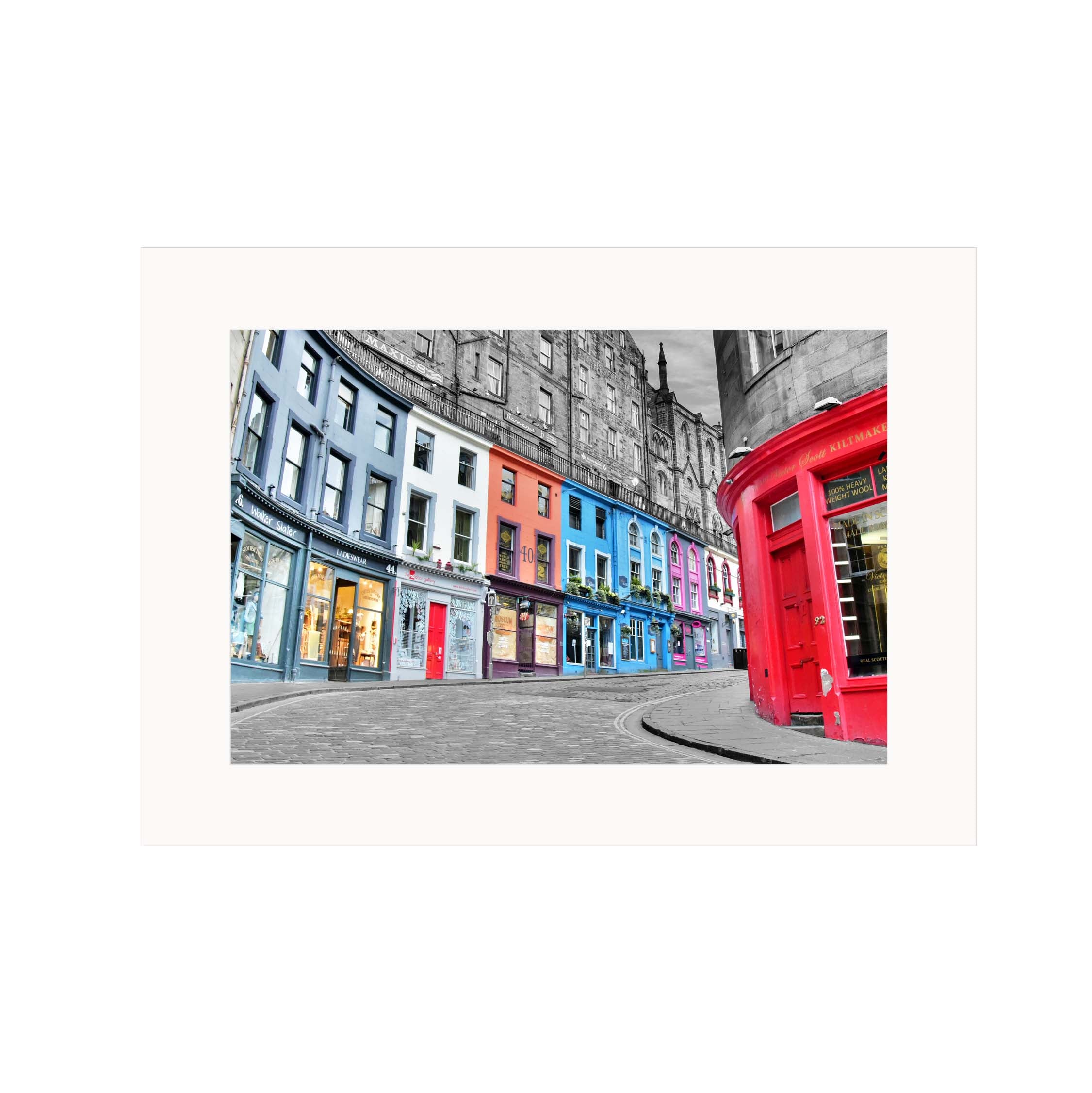 An image of Victoria street in colour while the rest of the picture is in black and white in a mount. 