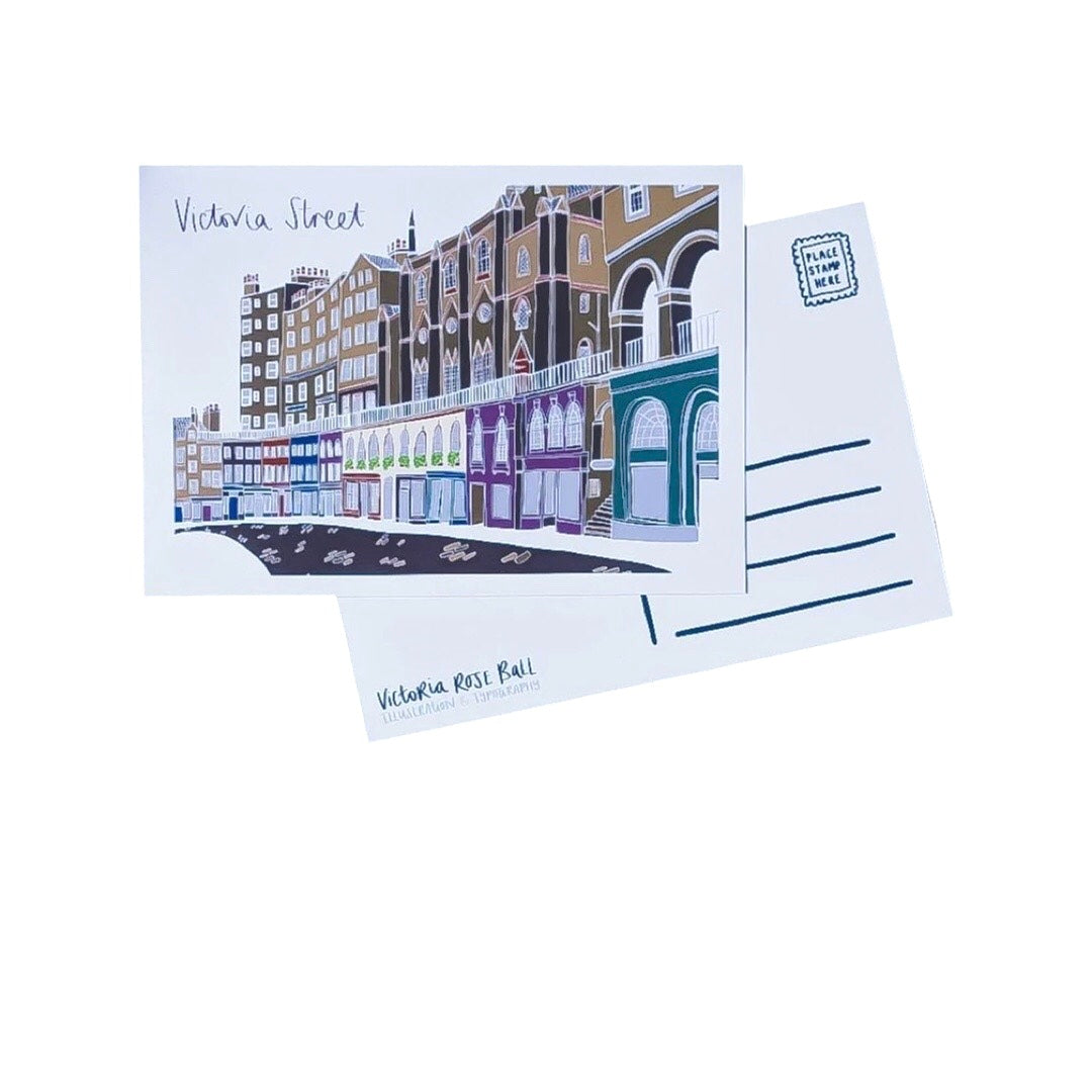 Edinburgh postcard featuring an illustration of Victoria Street in Edinburgh’s Old Town.