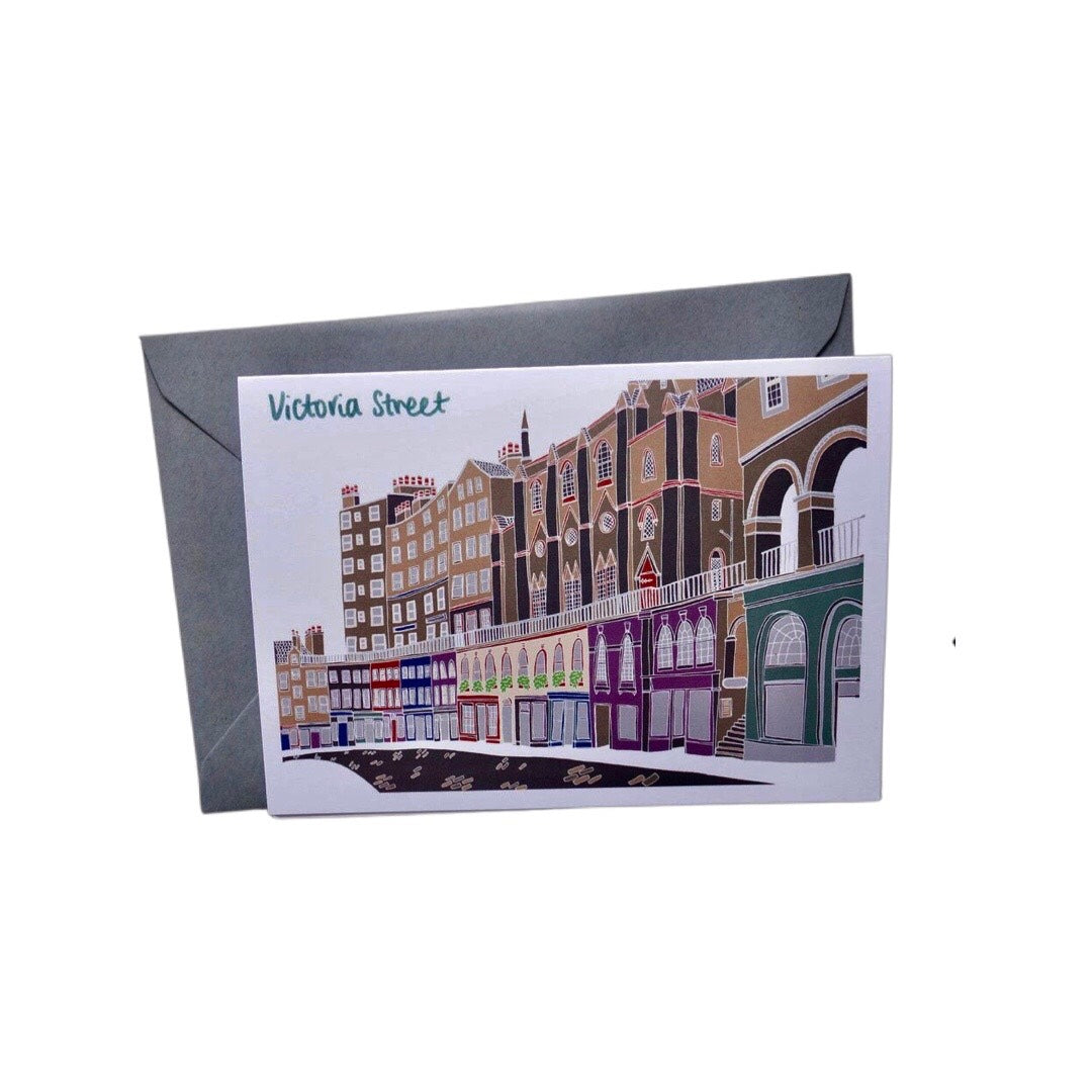 Edinburgh postcard featuring an illustration of Victoria Street in Edinburgh’s Old Town.