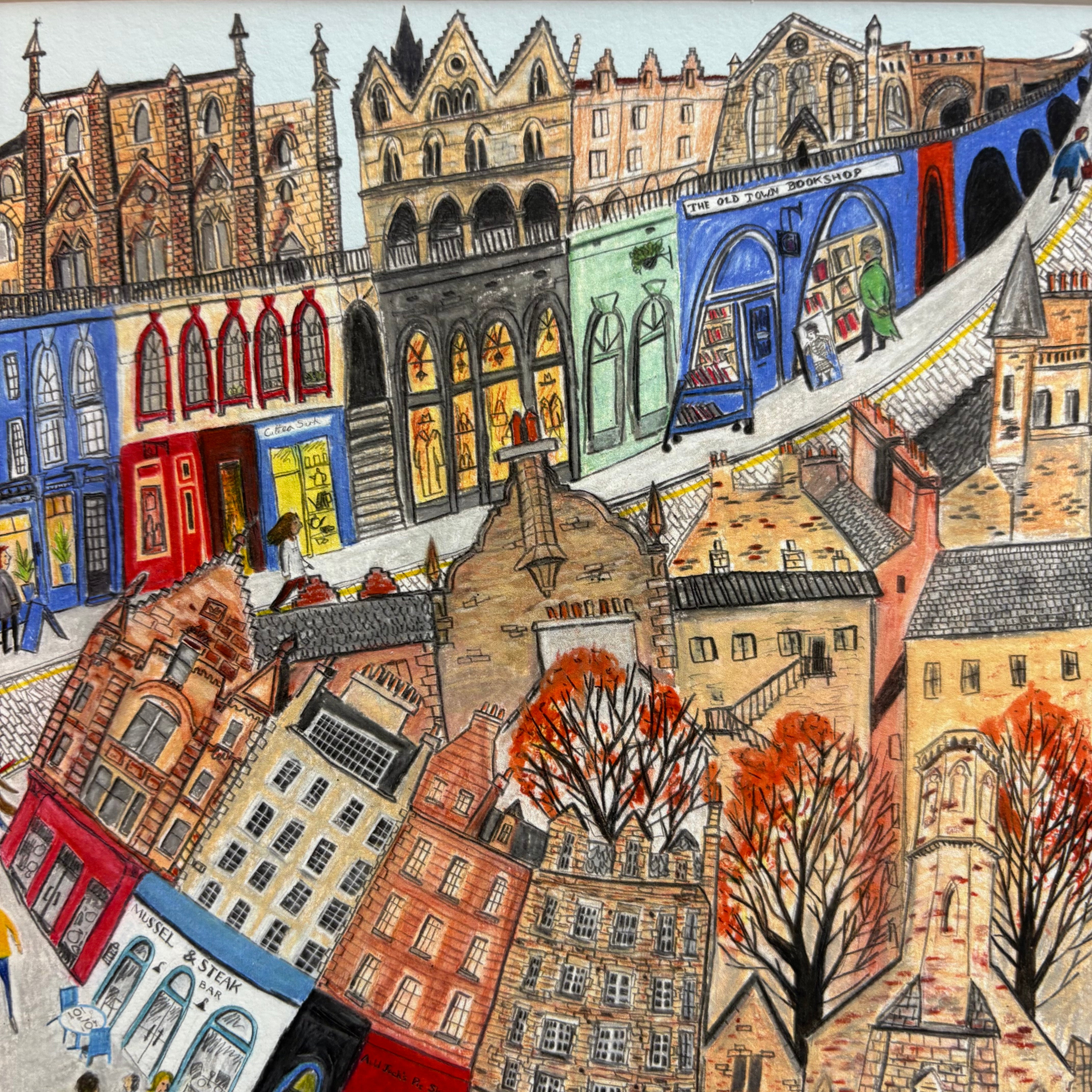 Colourful illustration of a city street with buildings and people.