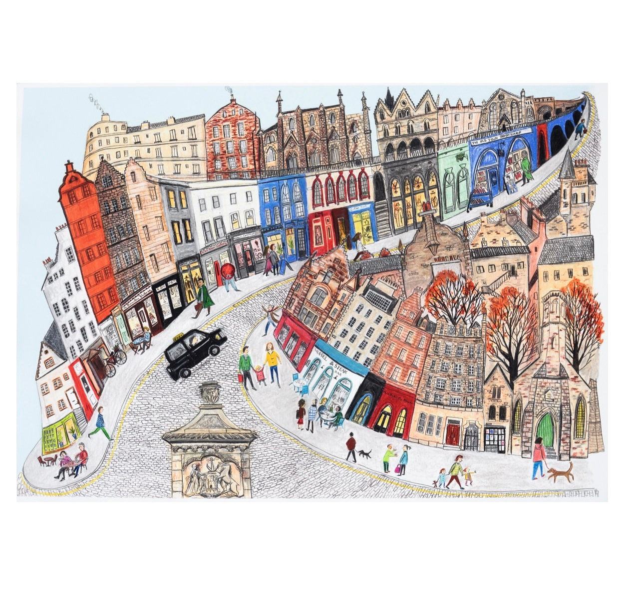 High quality giclée print of Victoria Street, one of Edinburgh's most vibrant and well known streets.