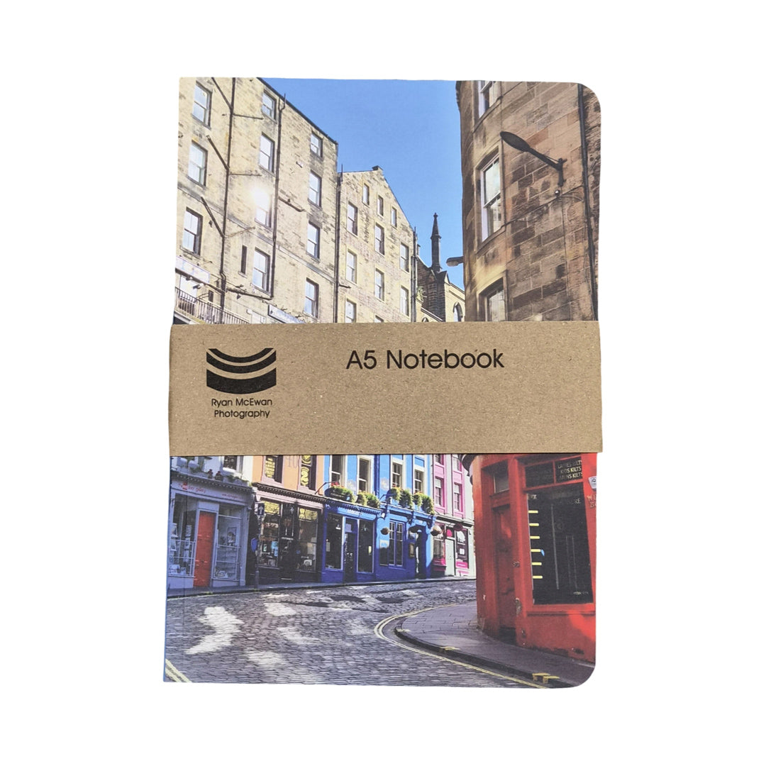 A5 notebook with a street scene design on the cover