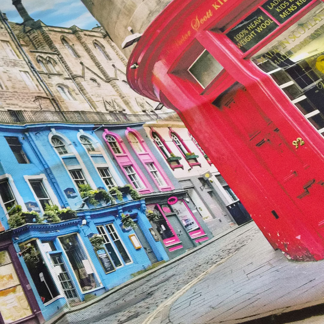 A close up of a tea towel featuring Victoria Street Edinburgh. 