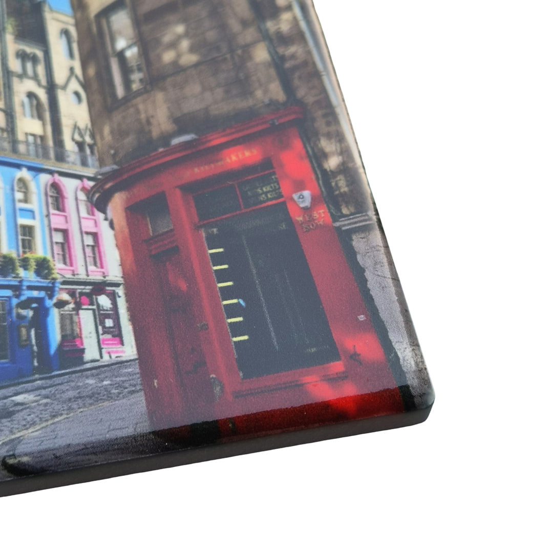 A close up of a coaster featuring Victoria Street, Edinburgh.