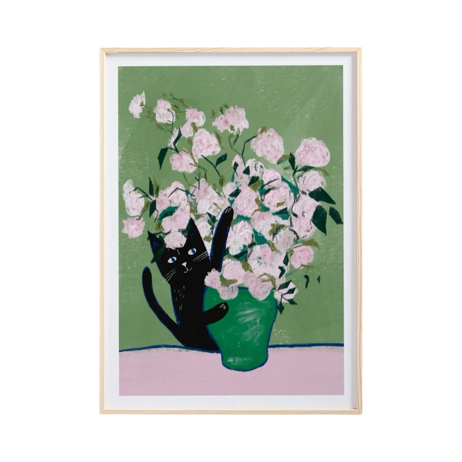 Cat print featuring an illustration of a black cat peering around a green vase full of pink roses inspired by Vincent Van Goghs famous painting Roses. 